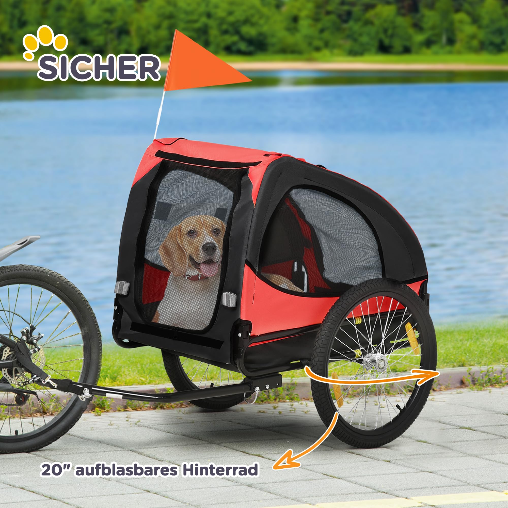 PawHut Hundeanhänger Faltbar Fahrradanhänger für Hunde Hundefahrradanhänger mit Sicherheitsleine, Reflektoren, Flagge, Aufbewahrungstasche für Hunde BIS 30 kg