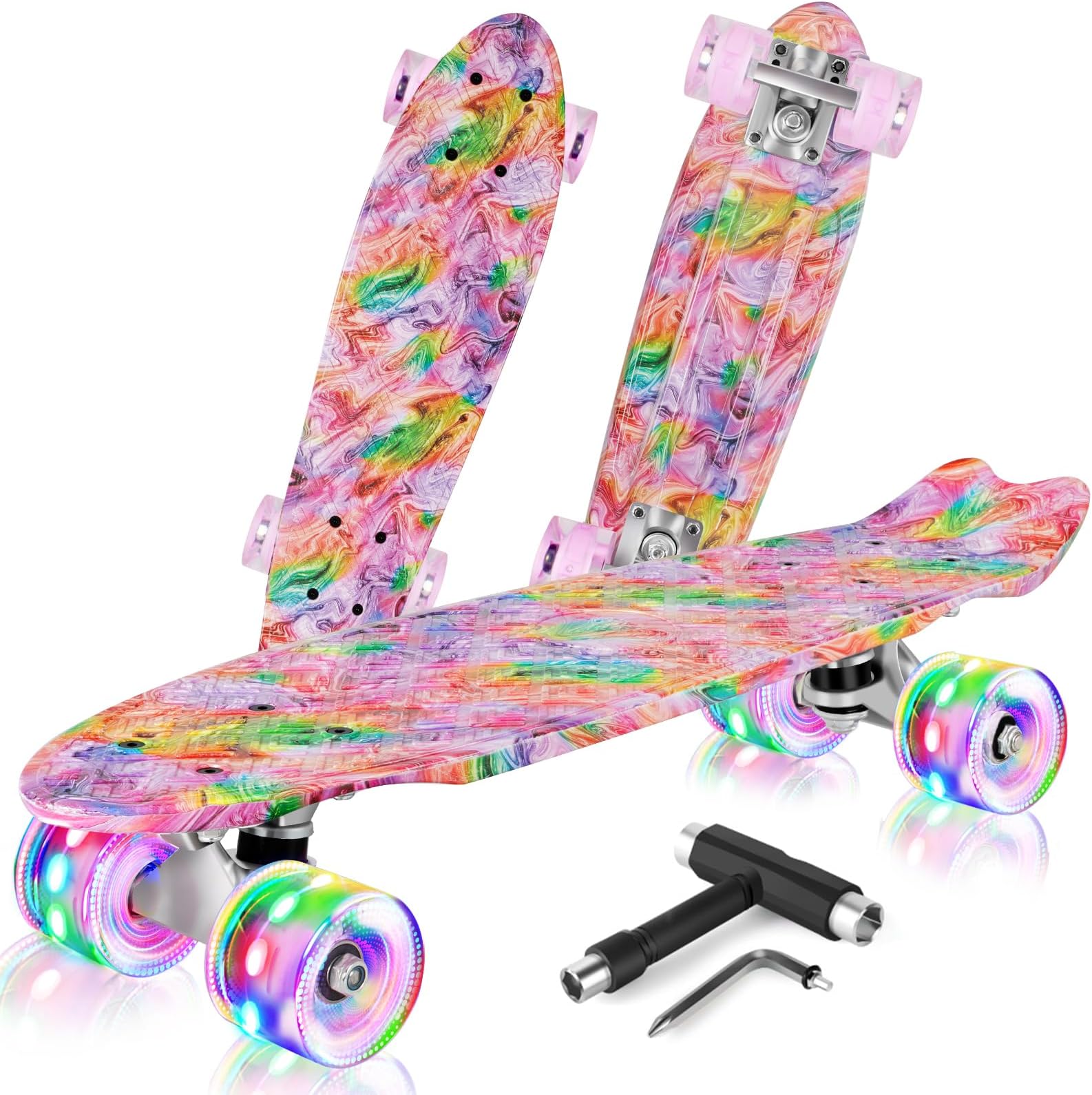 BELEEV 22 inch Skateboards for Kids, Cruiser Skateboard for Girls Boys Teens Adults Beginners, LED Light up Wheels, Mini Skateboards Classic Complete Skate Board with Skate T-Tool, Max Load 220 LBS