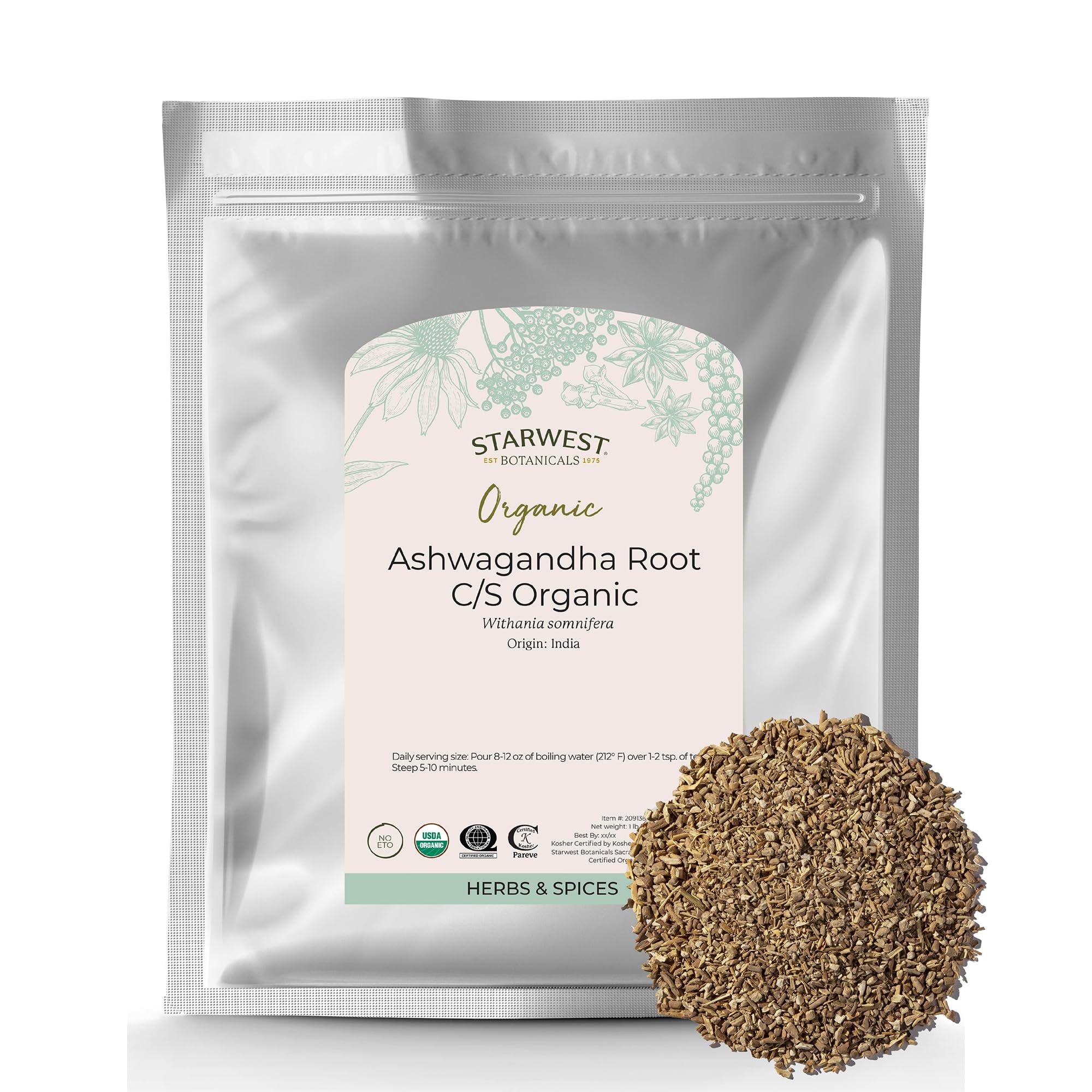 Starwest Botanicals Organic Ashwagandha Root for Women & Men - Dried Herb for Tea, Capsules, & Natural Herbal Blends, Cut & Sifted, Certified Kosher, Non-GMO - Bulk 1 lb Bag