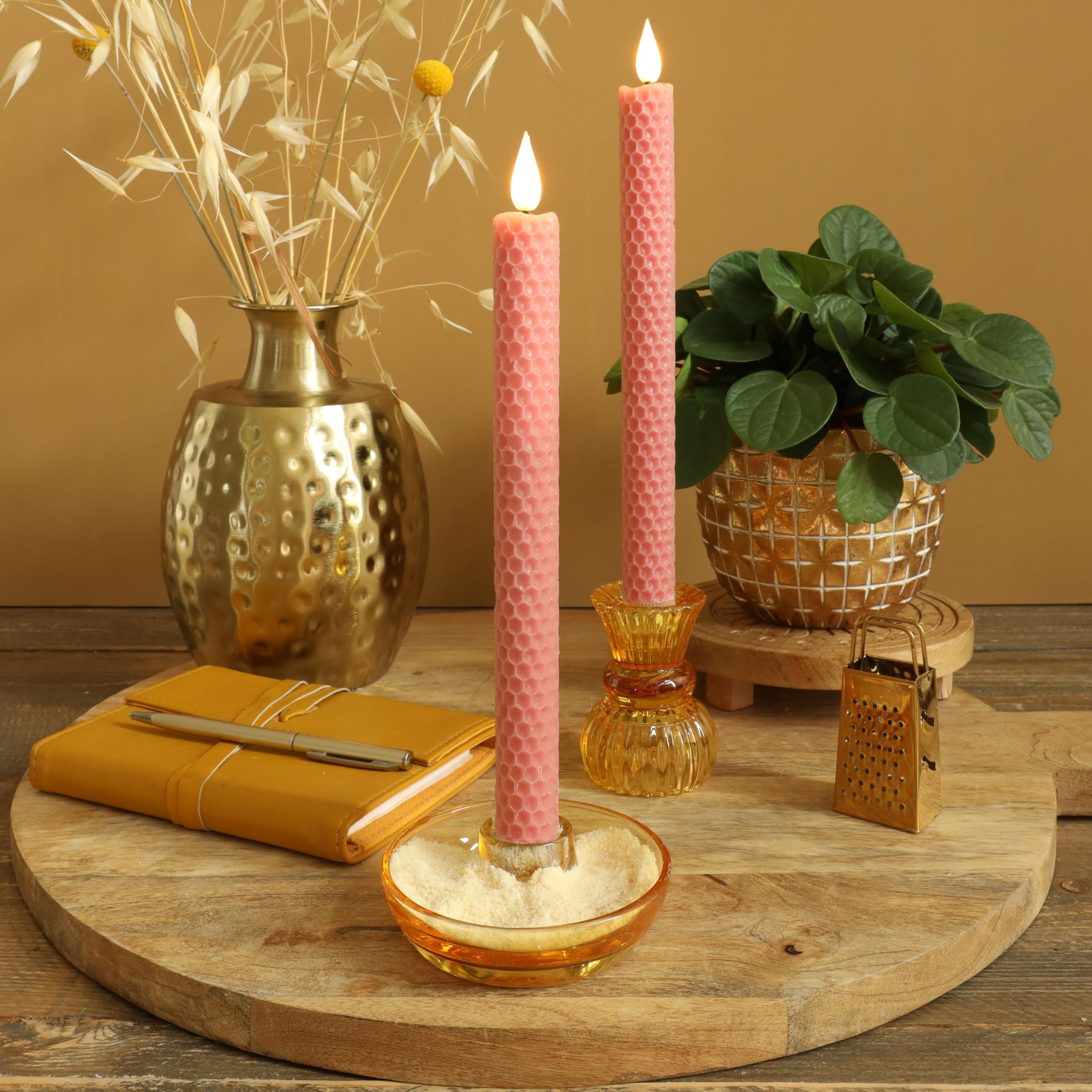 comforder Real Wax LED Candles with Flickering Flame (Set of 2), Electric Taper Candles with Timer Function, Honeycomb Look. (Mauve) - Image 2