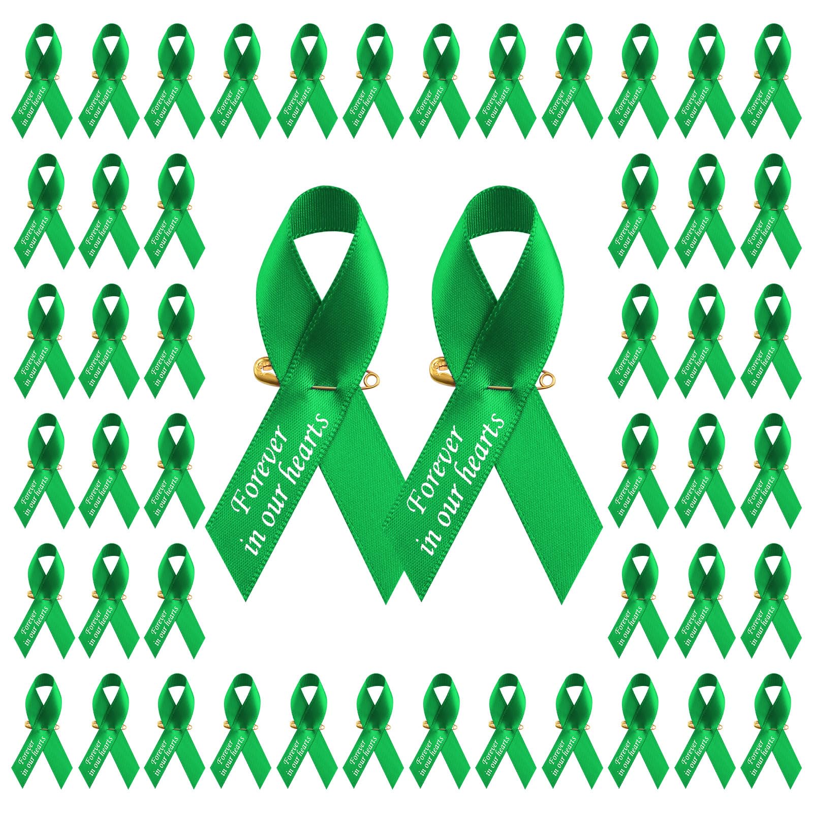 CRAFFANCY 100 PCS Green Satin Ribbon Pins, Memorial Ribbon Brooches in Forever in Our Hearts for Funeral Mourning Event Bereavement Remembrance