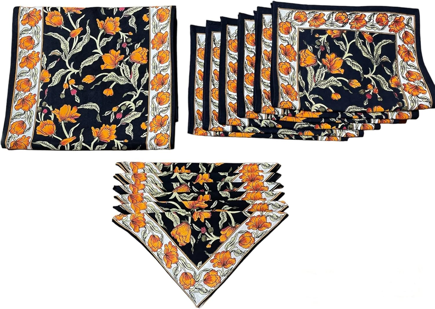 India Arts French Floral Table Linens Set, 100% Cotton, Table Runner 72", Place Mats Set of 6 13x19, Napkins Set of 6 19x19, Amber on Black