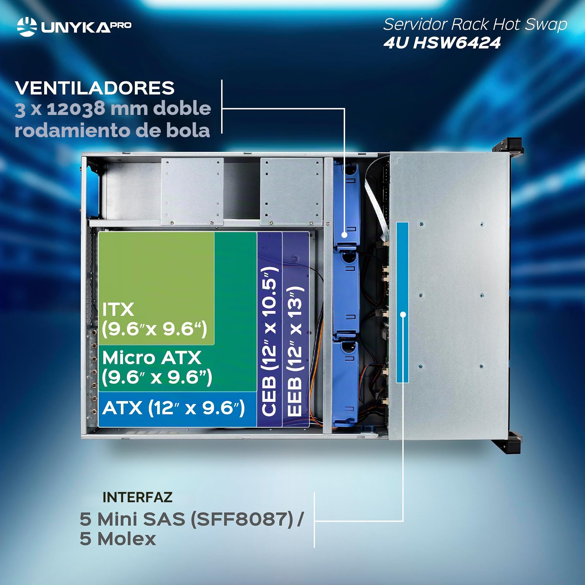 UNYKAch Chasis Servidor Rack Hot Swap (Sustitución de Bahías en Caliente) 4U ATX, 24 Bahías, para Discos de 3,5″ o 2.5”, Tres Ventiladores de 120 mm y Dos USB 2.0
