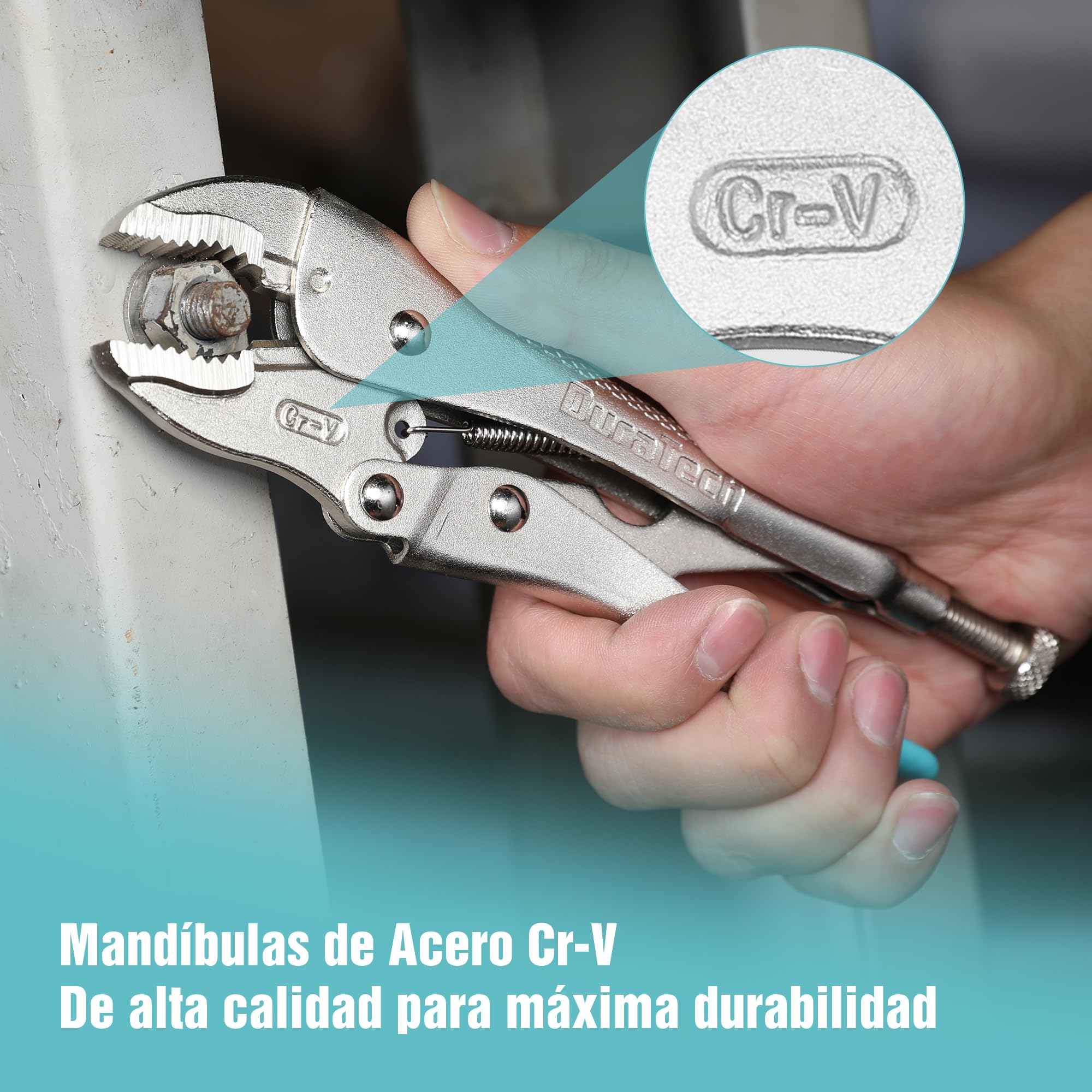 DURATECH Juego de 6 Alicates de Presión con 2 Alicates de Punta Larga de 16,5 cm y 24 cm, 3 Alicates de Mordaza Curva de 12,7 cm, 17,8 cm y 25,4 cm y 1 Alicate Tipo C 15 cm, con Estuche Enrollable