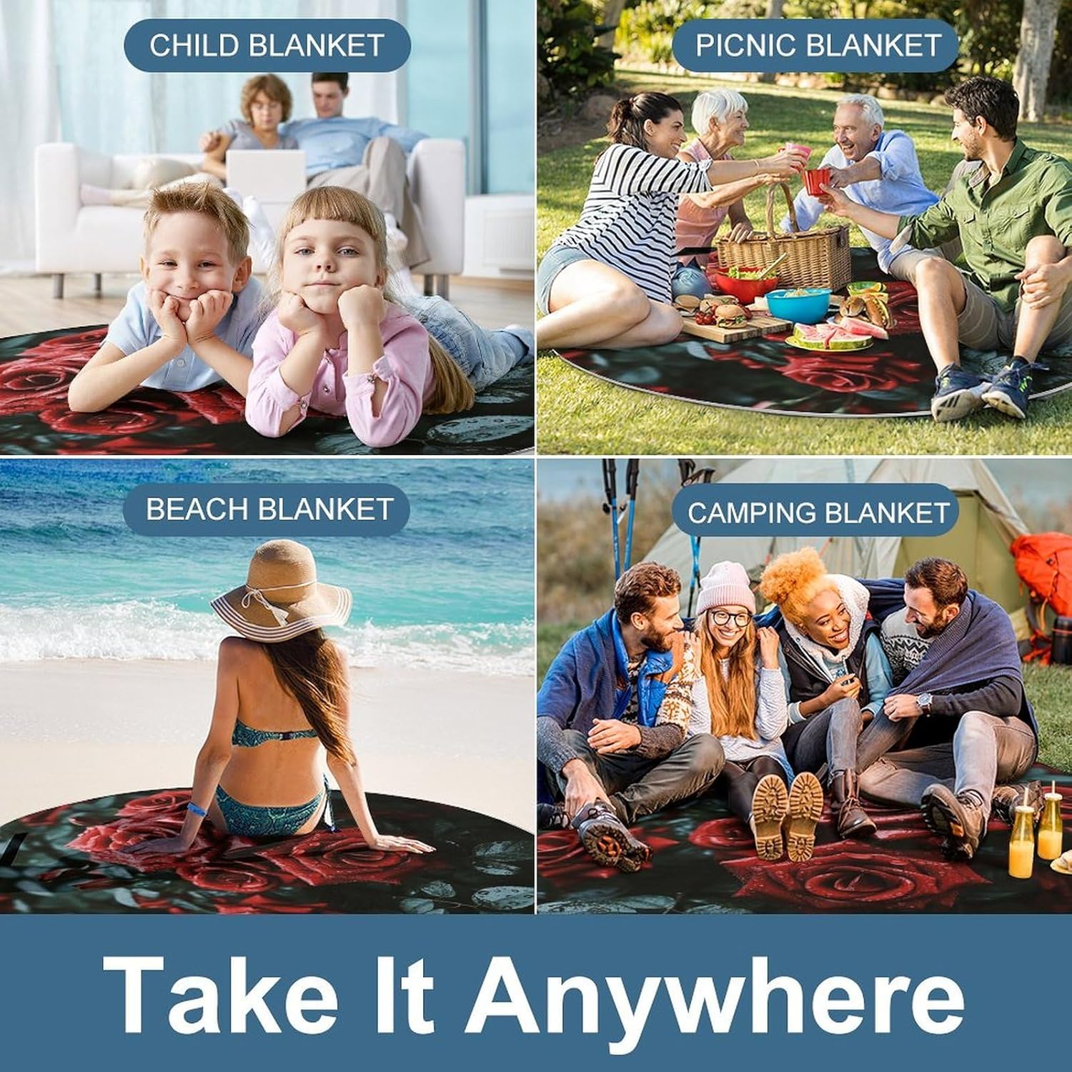 Red And Black Rose 58.3 in Round Outdoor Rugs for Patio Decor And Outdoor Picnic.Beach Blankets- Sandproof Waterproof Foldable Beach Blanket.Travel Blanket for Camping, Park, Travel, Grass Use.