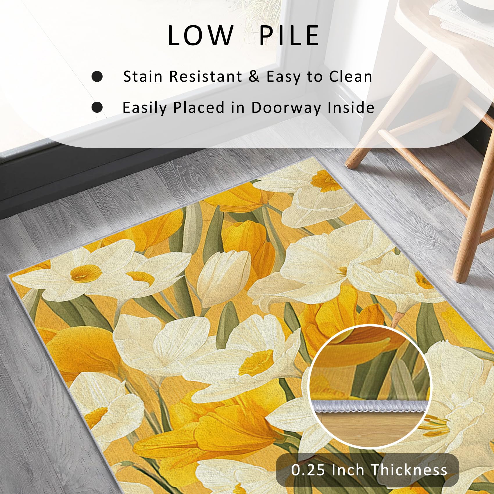 Generisch Läufer Flur Gelb Narzisse Floral, Waschbarer Teppich Läufer Frühling Blumen 65x180, Küchenteppich, Eingangsbereich, Bettvorleger, Schlafzimmer Deko, rutschfest, Kurzflor j3063