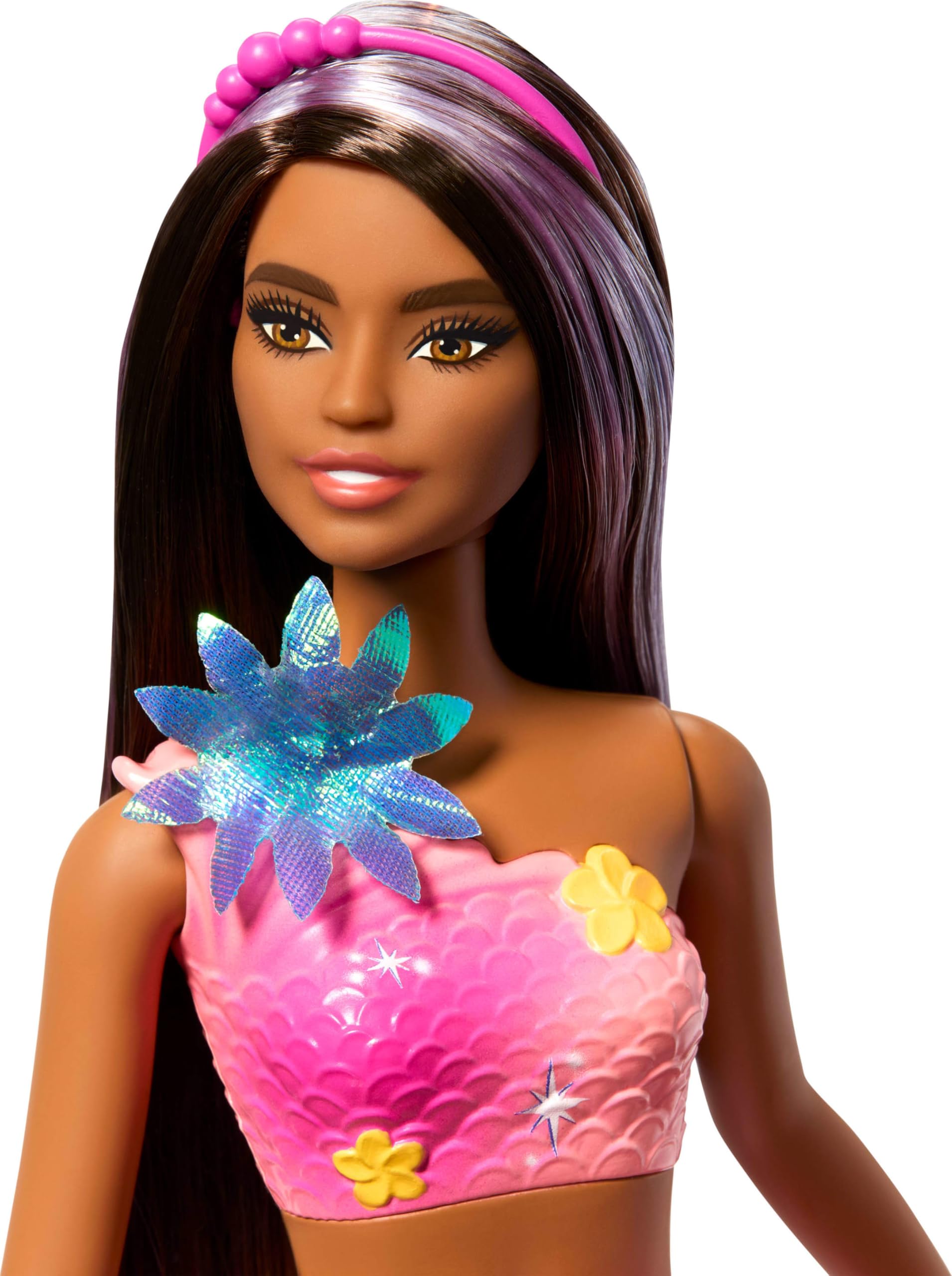 Barbie - Sirena Magia Floreale, dai capelli castani con ciocche viola, coda sfumata e fascia con perle, magica sorpresa e fiori che sbocciano inclusi, giocattolo per bambini, 3+ anni, JDM73, Rosa
