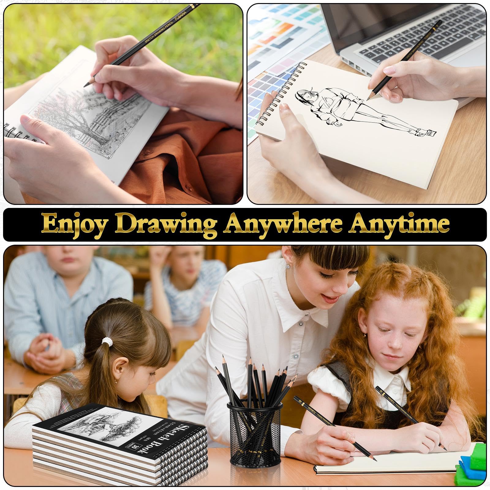 Humyoun Kit de dessin de 156 pièces comprenant 12 carnets de croquis de 14 x 21,6 cm, 30 feuilles de chaque (30,8 kg/100 g/m²), 144 pièces (12b - 4h) crayon à dessin professionnel