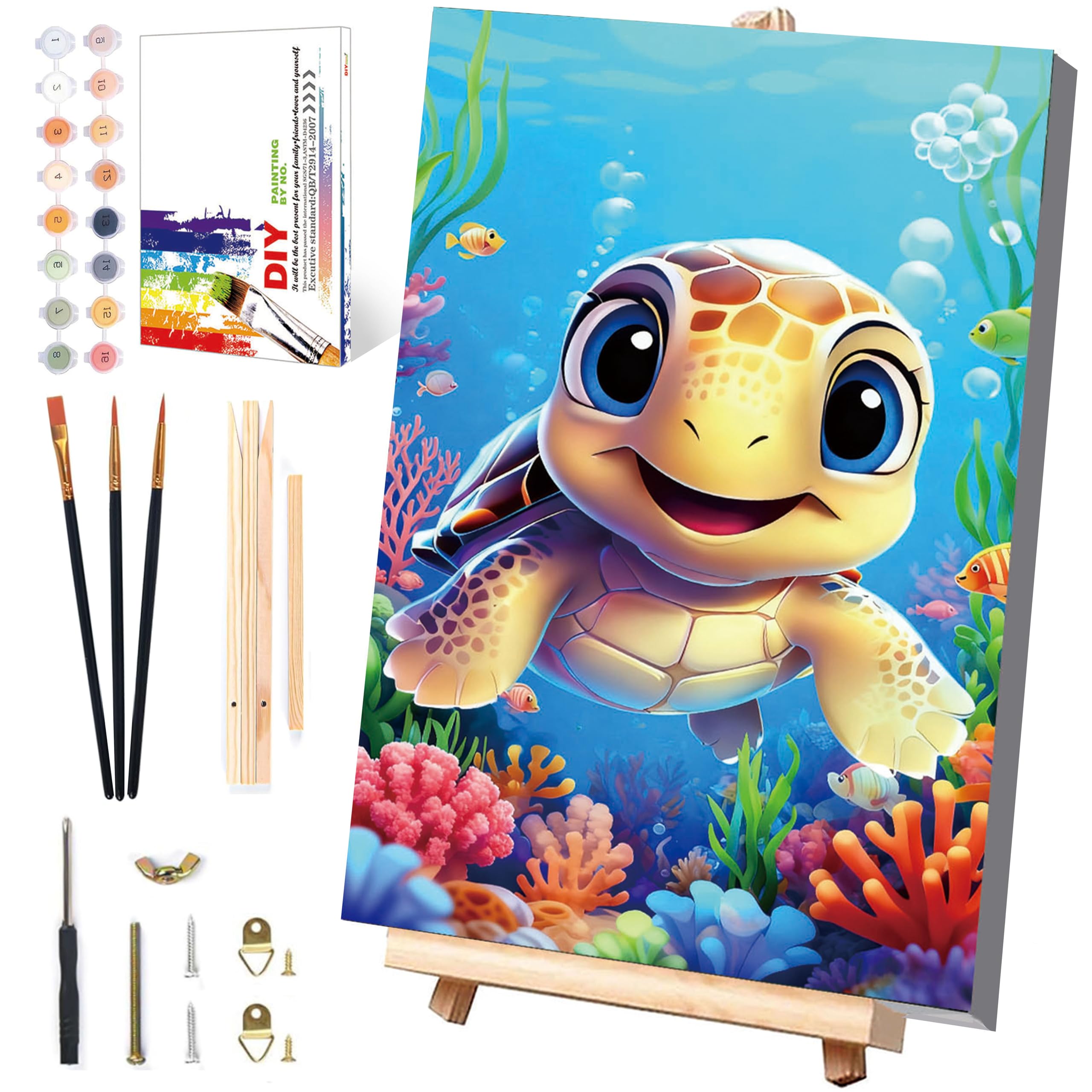 Pujeknm Schildkröte Malen Nach Zahlen ab 5 6 7 Jahre Mädchen mit Rahmen - Holzstaffelei, Tiere Malen Nach Zahlen für Kinder Acrylfarben mit als Geschenk, Mittel 30x20 cm (Süßes Meeresschildkröte)
