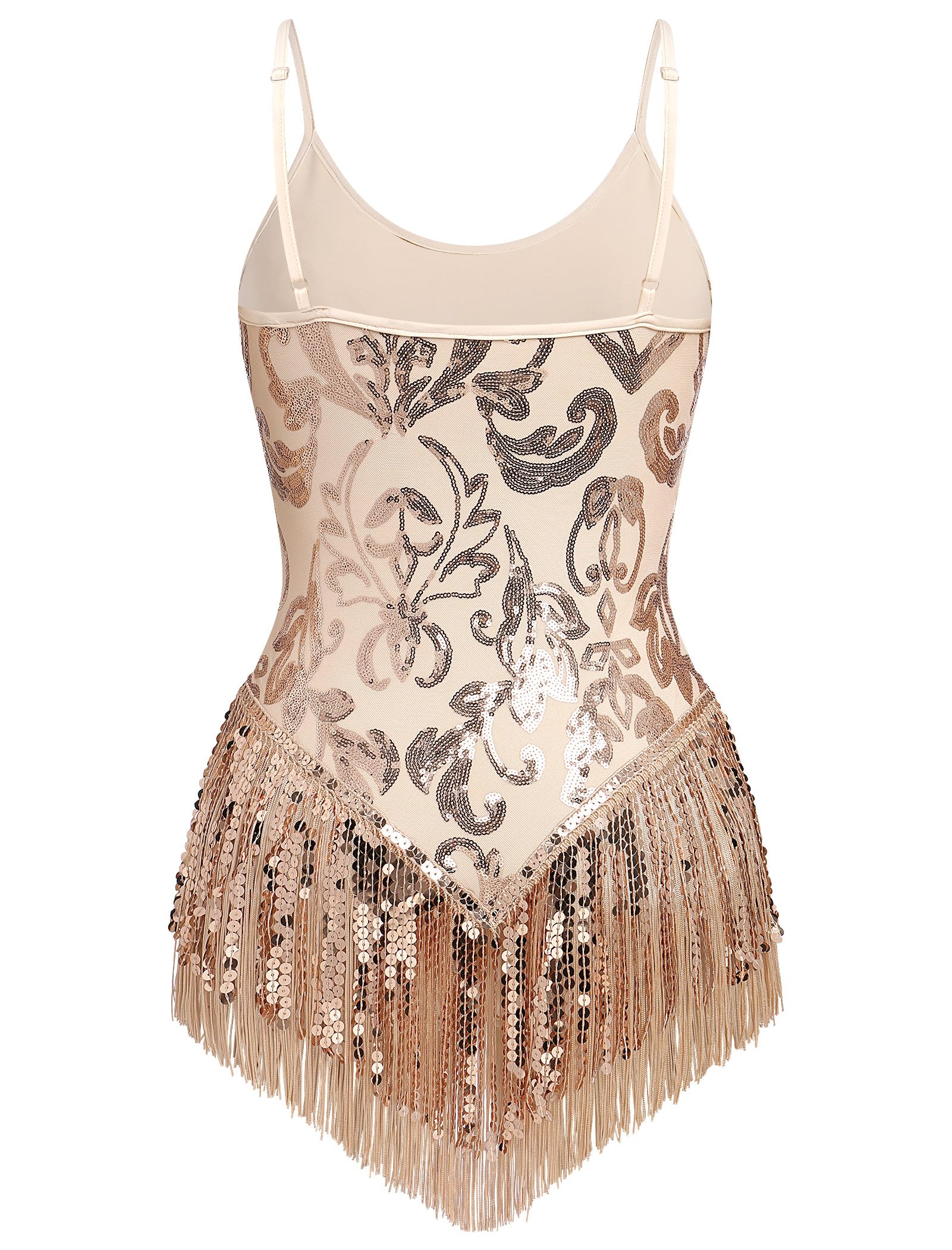 IBAKOM Women Sexy Sequins Fringe Bodysuit Sparkly Tassel Latin Jazz Dance Acrobat Costume Adult Trapeze Artist Rave Outfits: Gold Small