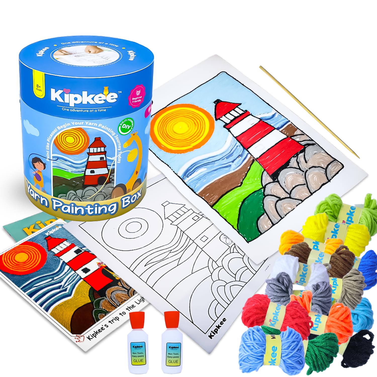Kipkee Yarn Painting - Art & Crafts Kit for Kids Ages 8-12 Years,Teens and Adults|DIY Creative Craft|Gift for Unisex|Great for Home Decoration|Design - Trip to Lighthouse and Beach,Multi-Coloured