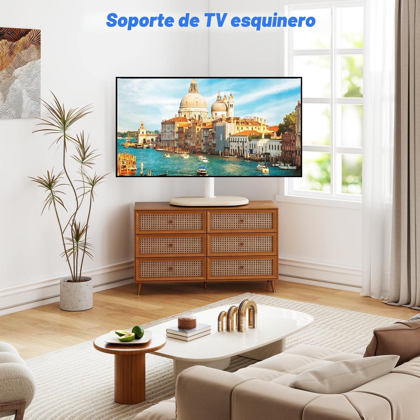 TVON Soporte TV Mesa para Televisores de 26 a 60 Pulgadas, Soporte Giratorio con Ajuste de Altura y Base Redonda, Pedestal de TV de Roble Blanco, Carga Máxima 40 kg, VESA Máx. 400x400 mm