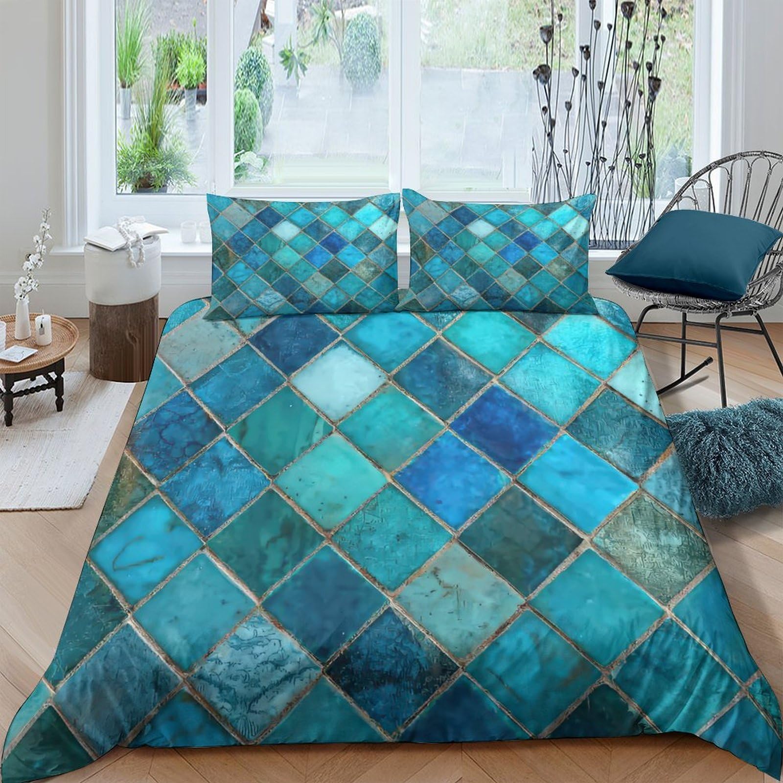 Ctjqhvkz Style-6 3D Printed Ocean Tile Fitted Sheet Microfiber Soft Breathable Blue Mosaic Bed Cover For Bedroom Guestroom Decor Single（135X200cm）