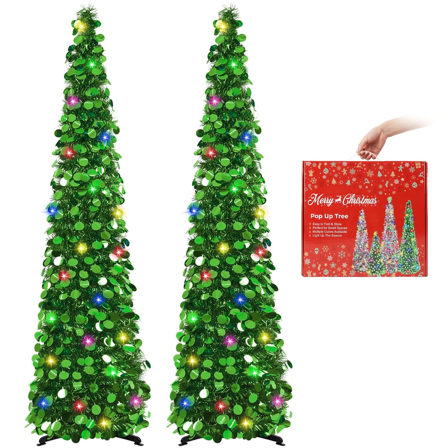 MACTING 2PCS Pop Up Christmas Tree with Lights Timer 5FT Collapsible Tinsel Pencil Tree Easy-Assembly Coastal Glitter Artificial Tree for Porch Apartment Corner Home Party Xmas...