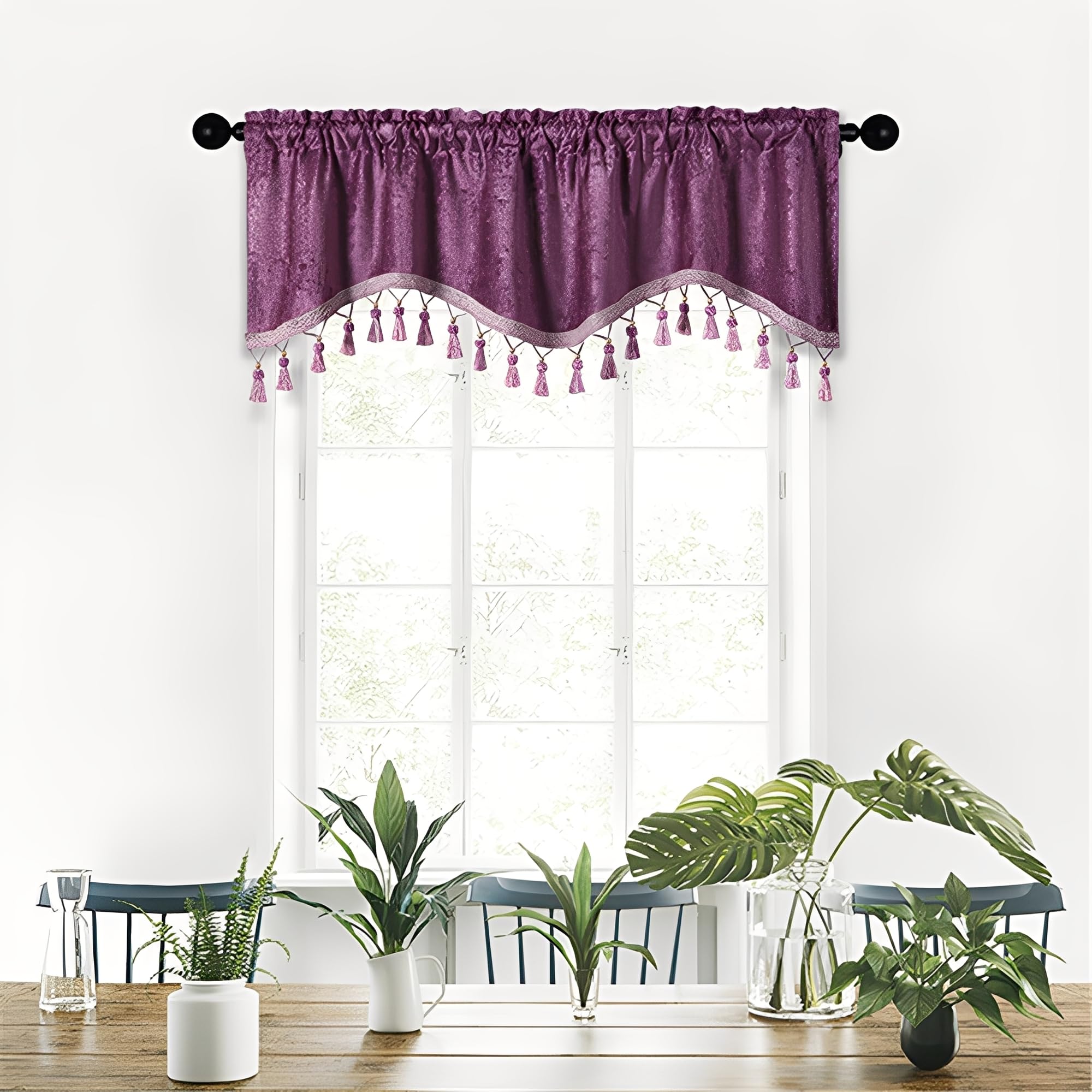 Treer Medieval Style Curtain Valance for Kitchen Window, Short Curtains with Rod Pocket & Tassels, Blackout Polyester Window Treatment for Cafe, Camper, Bathroom, Living Rooms (Dark Purple,45x150cm)