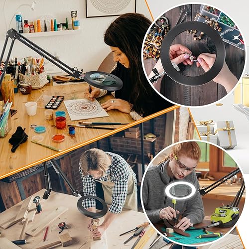 Miniatura 7 de Lupa grande de 10 veces con luz, lupa iluminada con soporte de cristal real de 5 pulgadas, 3 modos de color, lámpara de escritorio con lupa LED