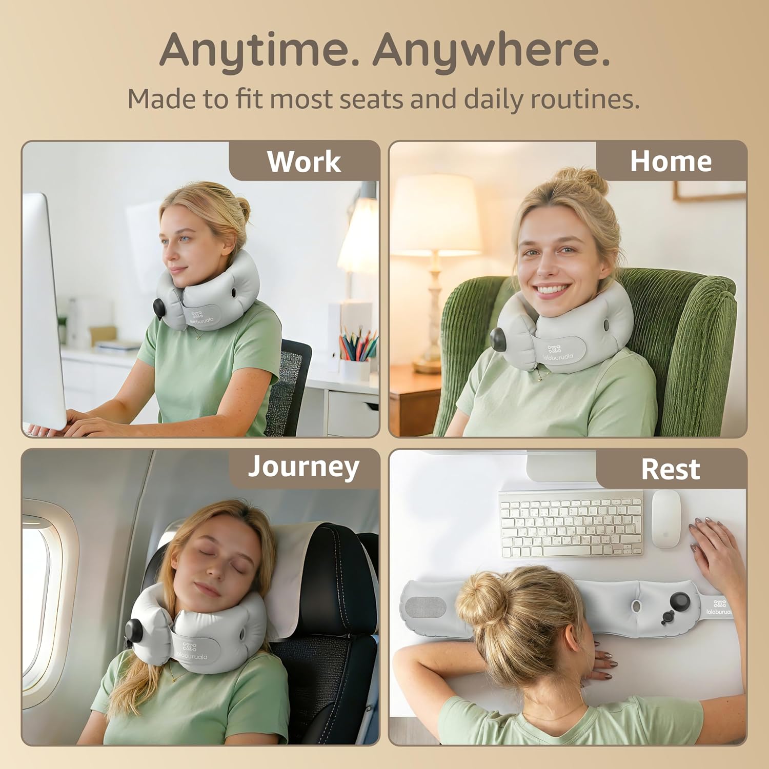 Inflatable Neck Pillow, Portable Travel Neck Pillow Airplane, Storable Gray Neck Pillows Travel with Washable Cover, Adjustable Air-Fill Support