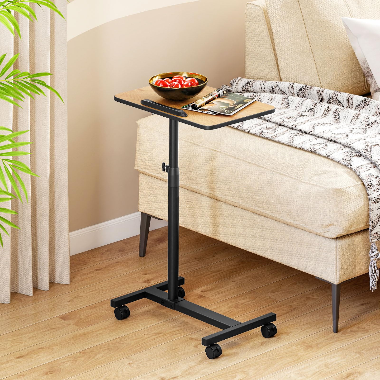 COSTWAY Bedtafel op wieltjes, in hoogte verstelbaar, verzorgingstafel met kantelbaar en 360° draaibaar tafelblad, laptoptafel, ziekentafel, bijzettafel voor verpleegbed of ziekenbed (natuur