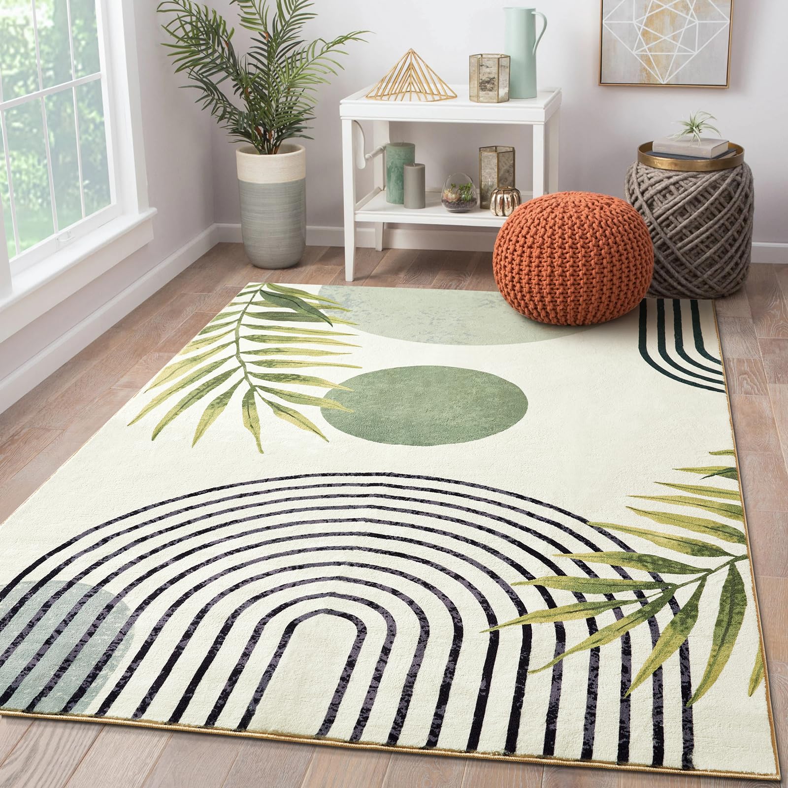 RoomTalks Mid Century Modern Washable Rug, Green Boho Cute Aesthetic 4x6 Area Rugs for Bedroom Dining Living Room Kitchen, Abstract Tropical Leaves Non Slip Thin Indoor Entryway Rug Throw Carpet