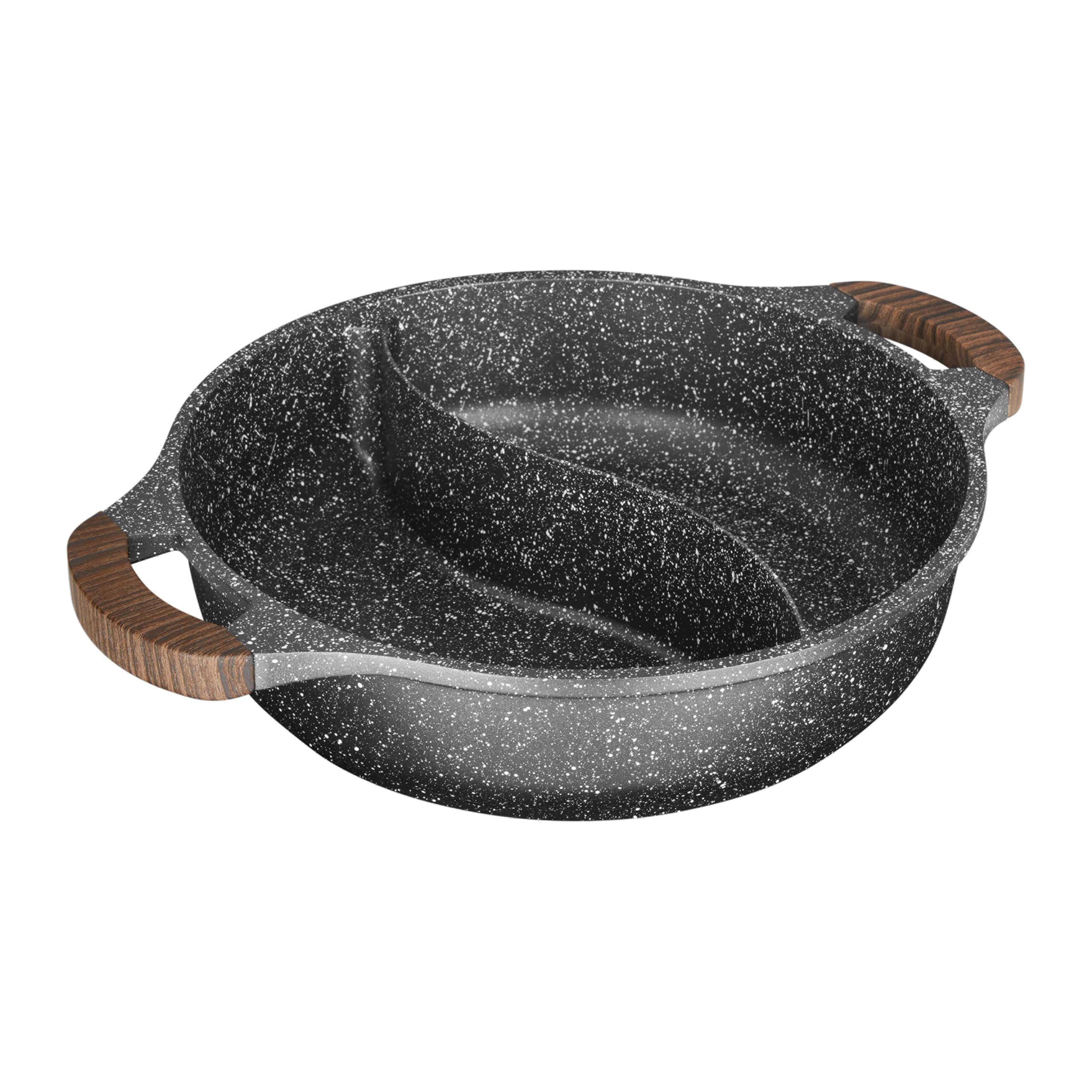 Sitram 716948 Sauteuse 2 compartiments Ø28 cm en fonte d’aluminium – Revêtement anti-adhérent sans PFOA effet pierre – Marmite Shabu avec couvercle en verre – Tous feux dont induction