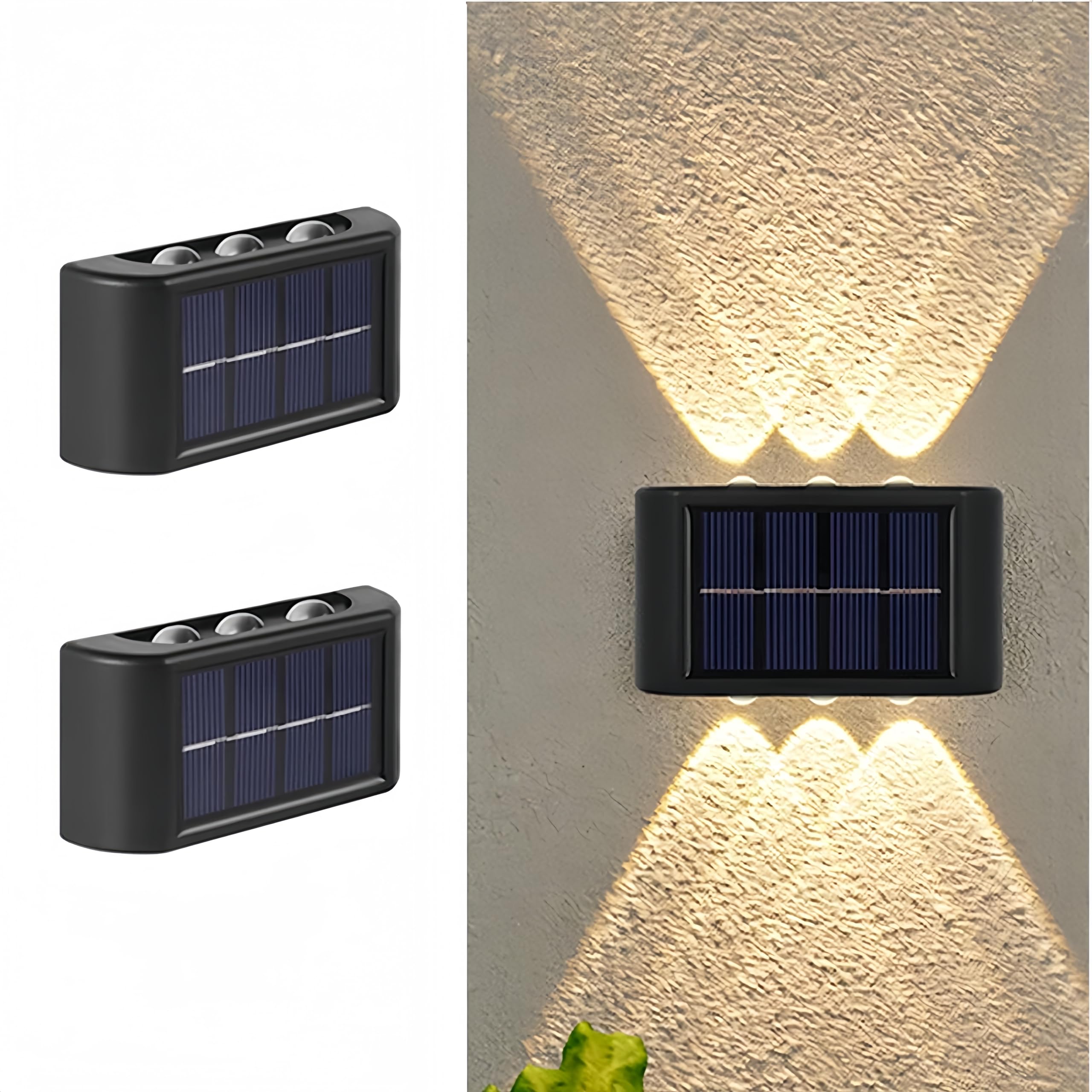2 Pack Solar Wall Lights, 6 LED Up and Down Solar Powered Wall Lamp, Waterproof LED Porch Light Fence Light Solar Outdoor Lights for Patio Yard Garage Front Door Deck Porch, Warm White