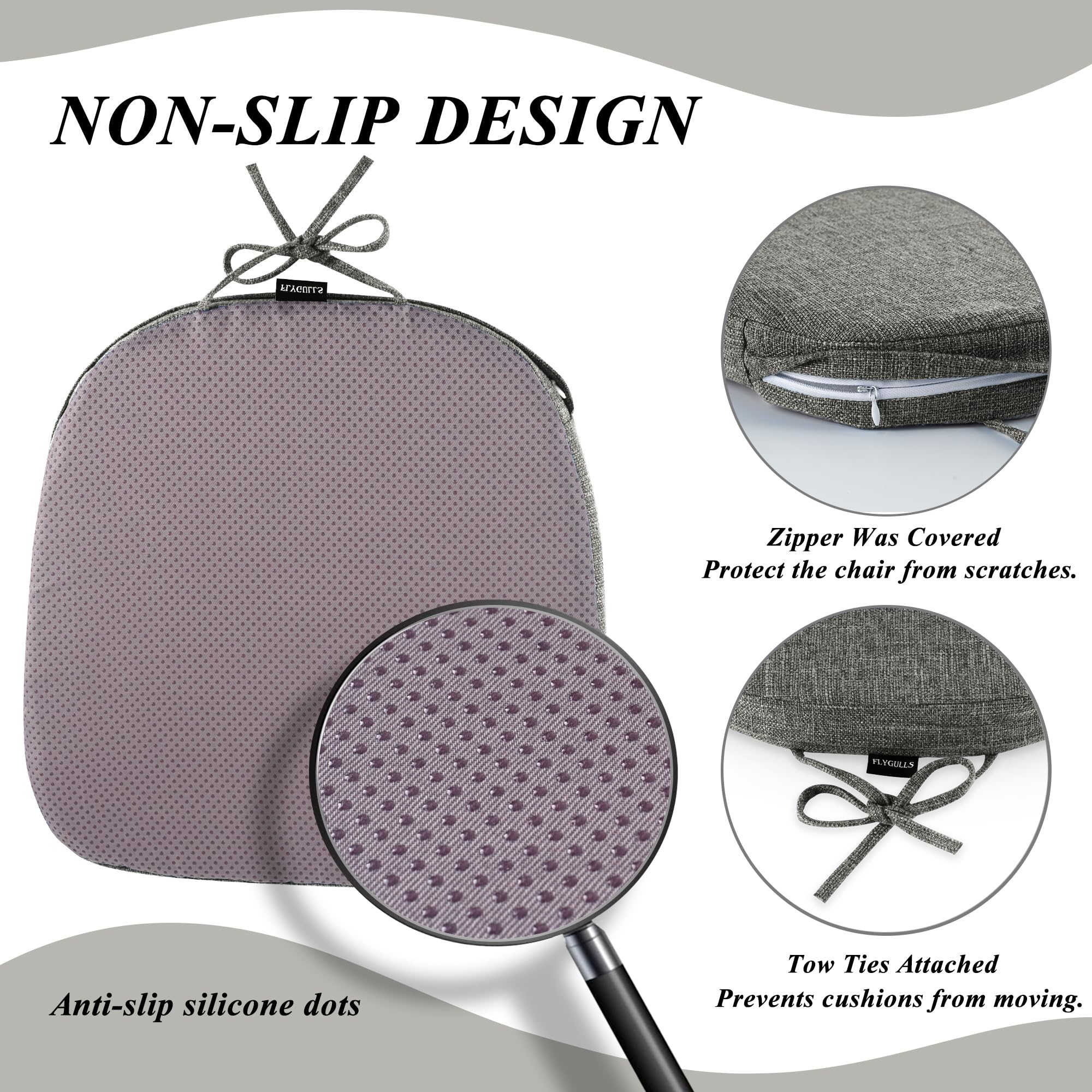 FlyGulls Dining Chair Cushions Set of 4 Non Slip Seat Cushions for Dining Chairs with Ties and Washable Covers Kitchen Seat Pads 35.5x35.5cm Dark Grey - Image 3