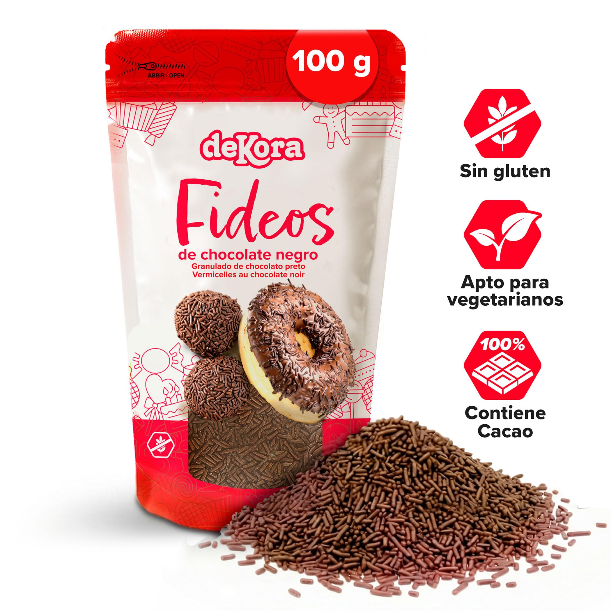 Dekora Fideos de Chocolate 100 g – Topping sin gluten Decoración comestible Tartas Postres Cupcakes Sprinkles Cacao Repostería Creativa