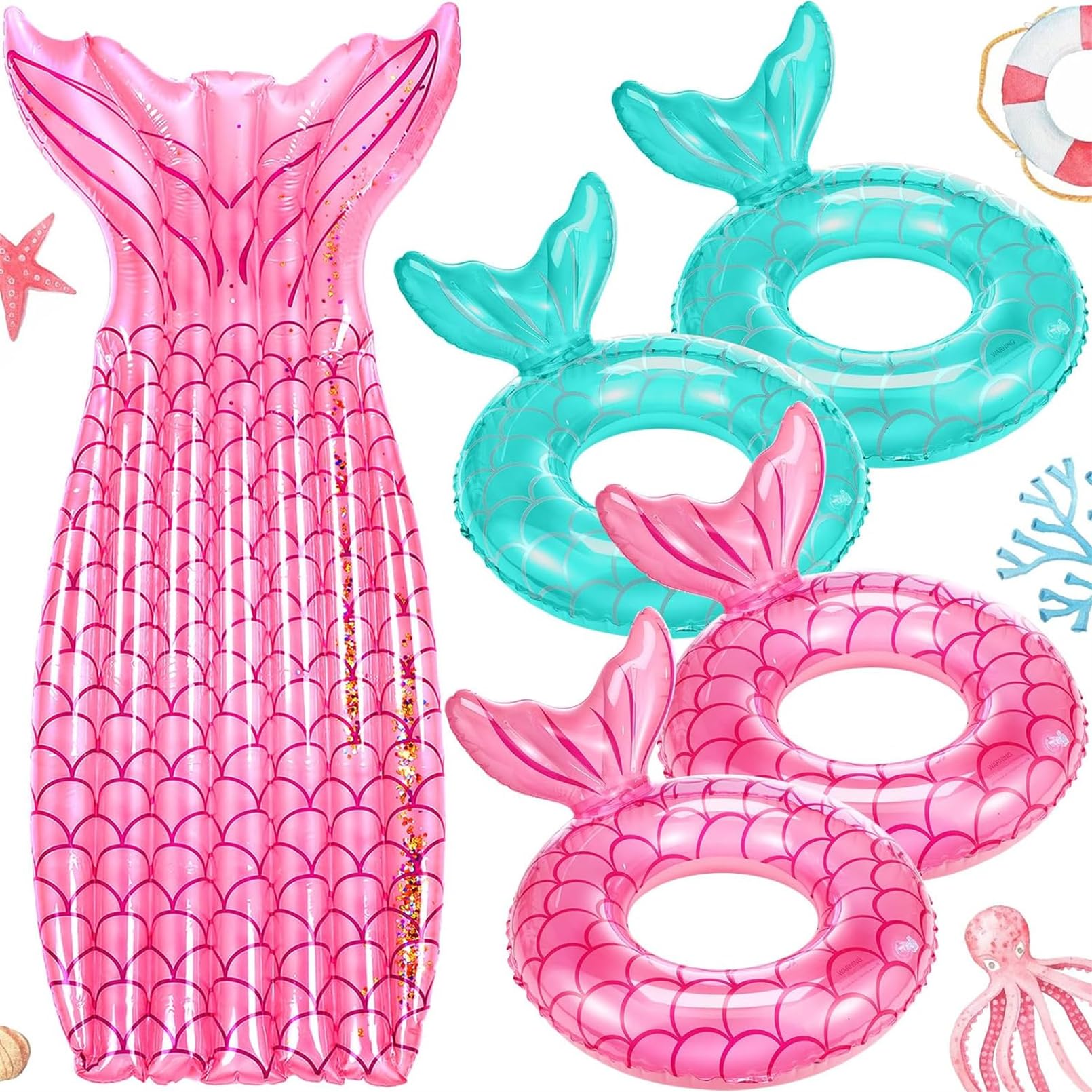 AM ANNA 5 Pack Pool Floats - 4 Mermaid Inflatable Swimming Rings, 1 Pool Party Float Raft, Mermaid Tail Swim Ring for Pool, Water, Beach Toys