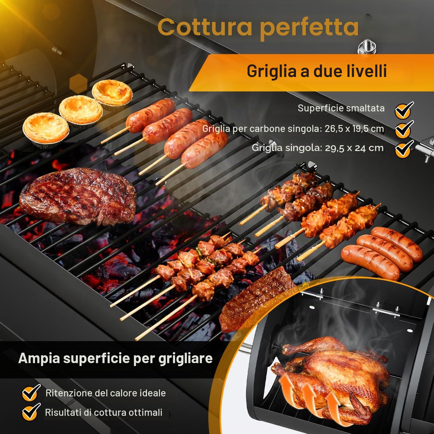 Barbecue a carbonella con 2 camere, carrello per barbecue con termometro, affumicatore per grigliare e affumicare indirettamente, barbecue da giardino con ripiani, nero