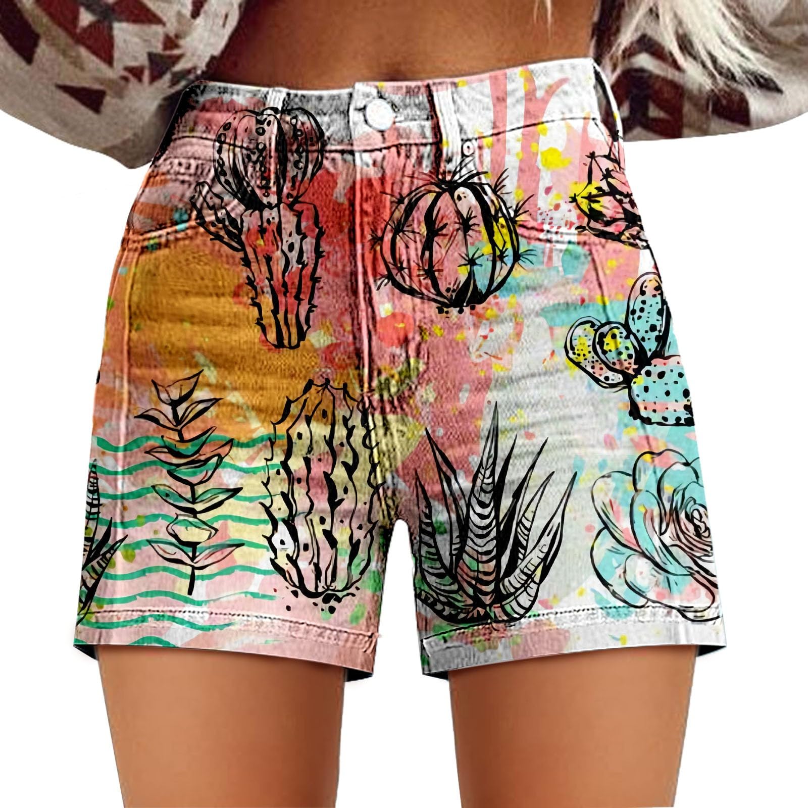 Womens Stretch Denim Shorts High Waisted Stretchy Rolled Hem Jean Shorts Washed Art Retro Printed Boyfriends Floral Jeans Short Casual Summer Classic Beach Mini Hot Denim Jeans with Pockets Pink