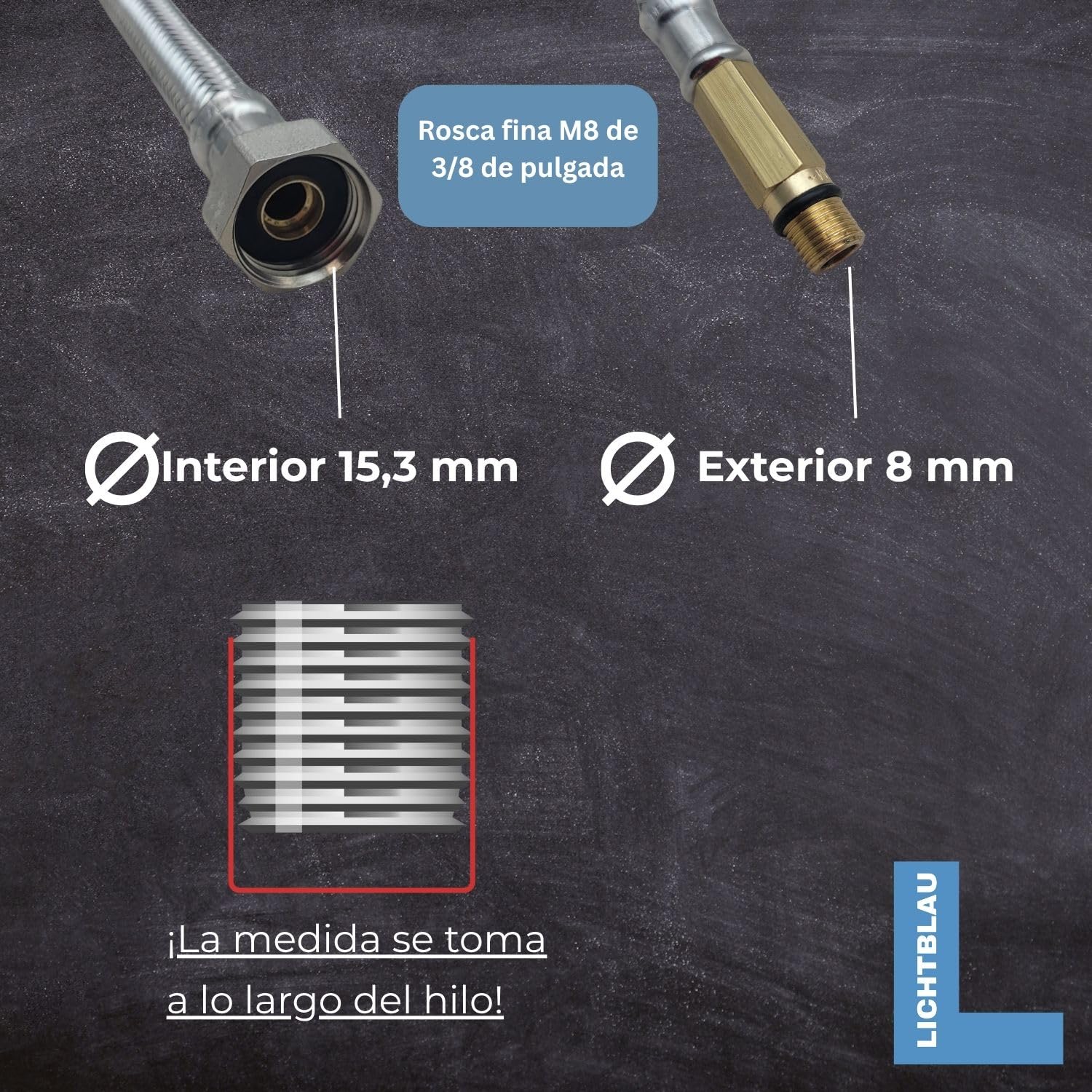 LICHTBLAU Manguera de acero inoxidable resistente a dobleces, 60 cm, 3/8 pulgadas a M8 de largo, adecuada para agua potable, válvula angular, manguera blindada, grifo de cocina | Manguera flexible de acero inoxidable para agua potable, resistente a doblec