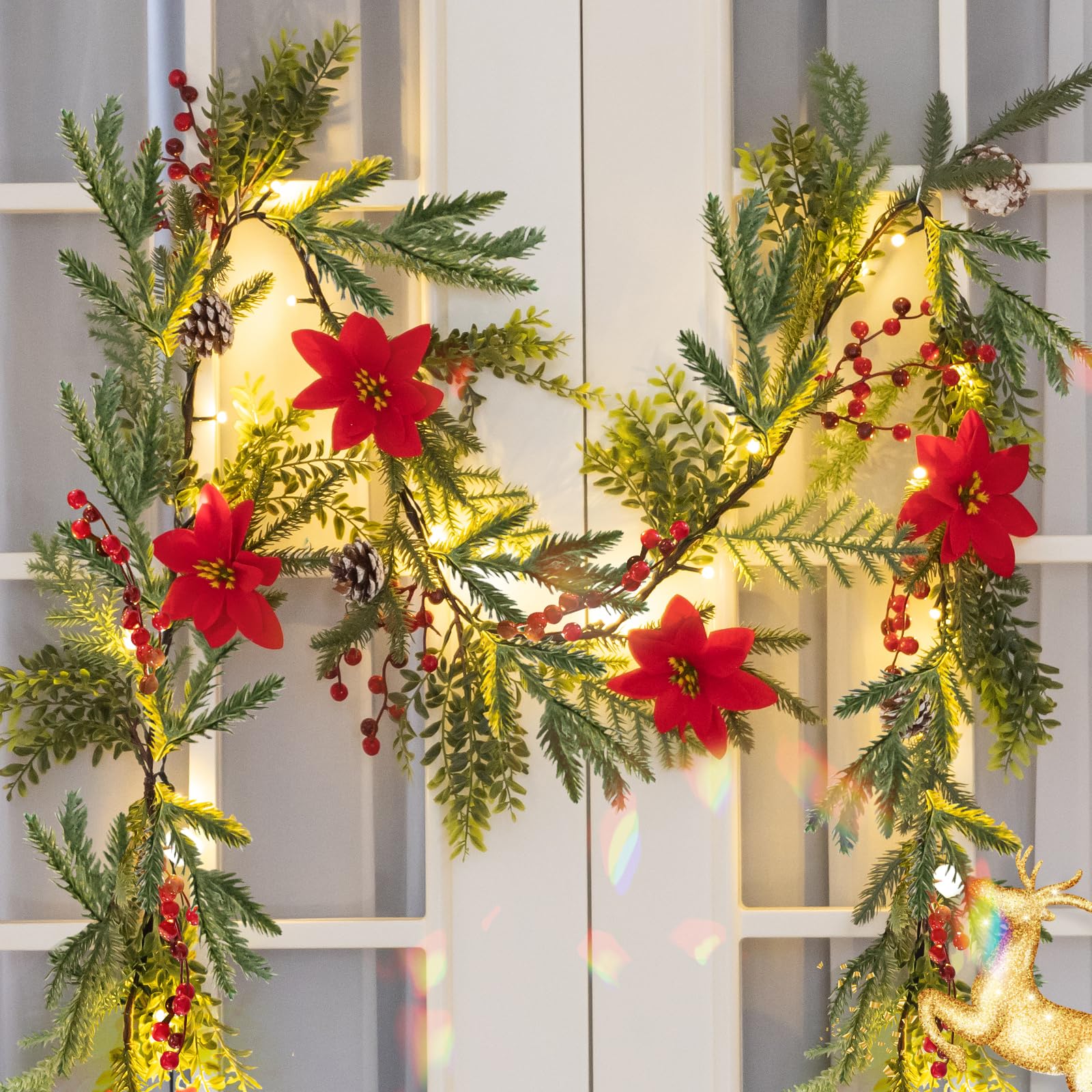 Ethlomoer 6.1FT Prelit Christmas Garland with lights, Battery Operated Lighted Garland with Timer Red Flower/Berry&Pinecone, Pine Garland for Mantle Stairs Wall Green Garland for Christmas Decorations