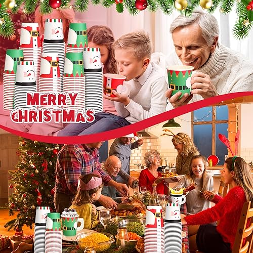 Miniatura 4 de 150 tazas de papel espresso de Navidad de 7 onzas, tazas de Navidad con asas, Papá Noel, elfo, muñeco de nieve, tazas de té desechables, tazas