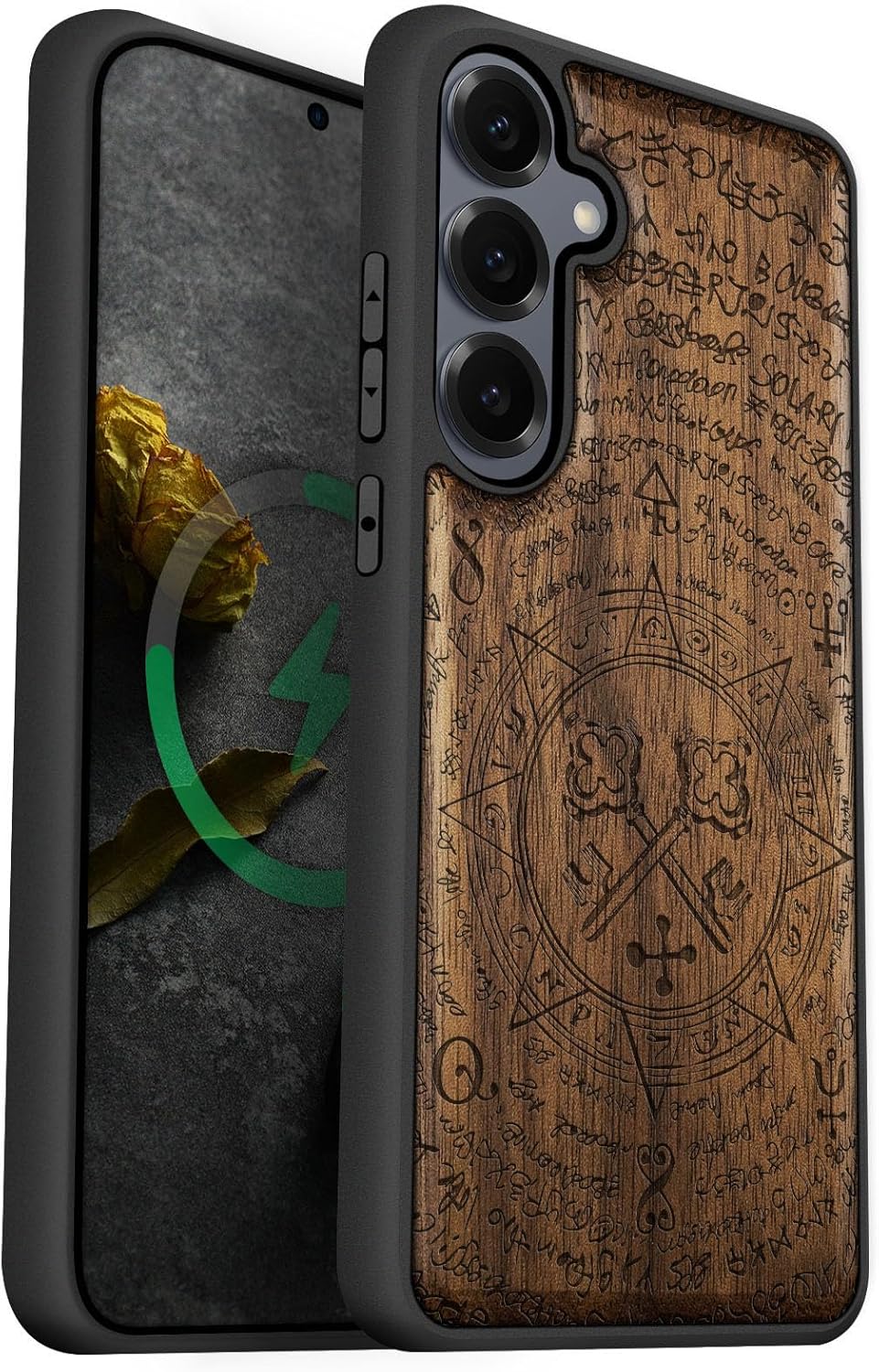 Carveit Magnetic Wooden Case for Galaxy S25+ Samsung S25 Plus Case, TPU Shockproof Cover & Wood Engraved, Compatible with MagSafe Wireless Chargers (Pirate Ship) Walnut