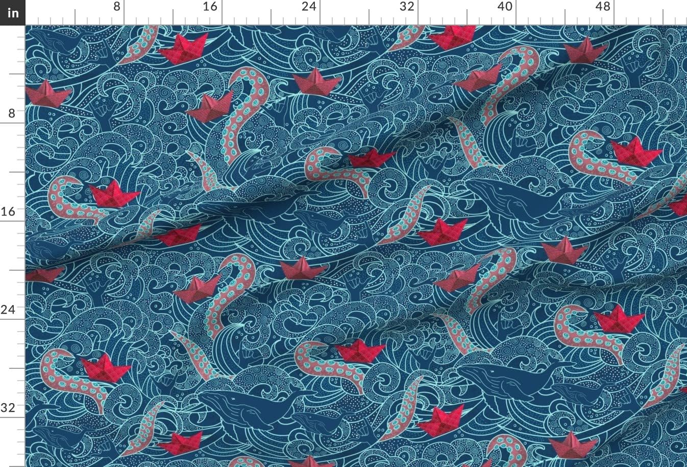 Spoonflower Fabric - Kraken Octopus Origami Boats Ocean Wave Humpback Whale Nautical Paper Printed on Upholstery Velvet Fabric Fat Quarter - Upholstery Home Decor Bottomweight Apparel
