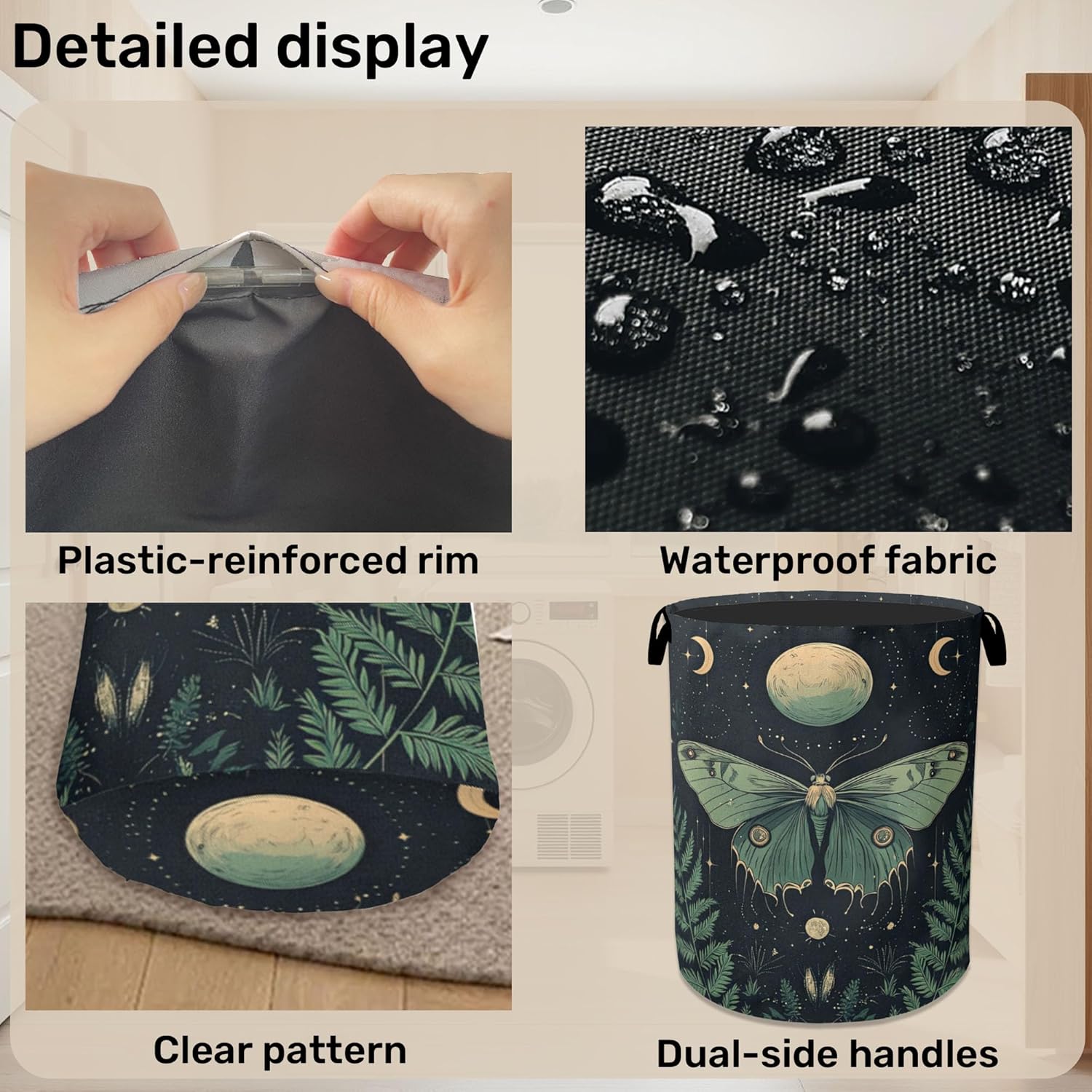 Gothic Moon Moth Foldable Laundry Hamper - Waterproof Fabric Storage Basket with Handles, Clothes Hampers for Laundry,Bedroom,Dorm