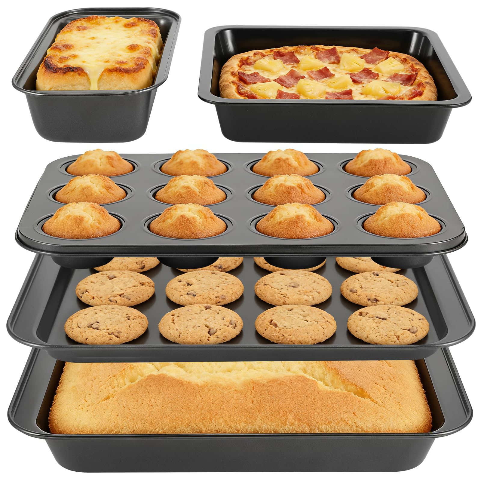 5 PCS Non-Stick Bakeware Set, Carbon Steel Baking Trays for Oven – Includes Loaf Tin, Cake Pan, Muffin Tray (12 Cup), Roasting Pan & Cookie Sheet, Stackable Easy Release Baking Set – Black