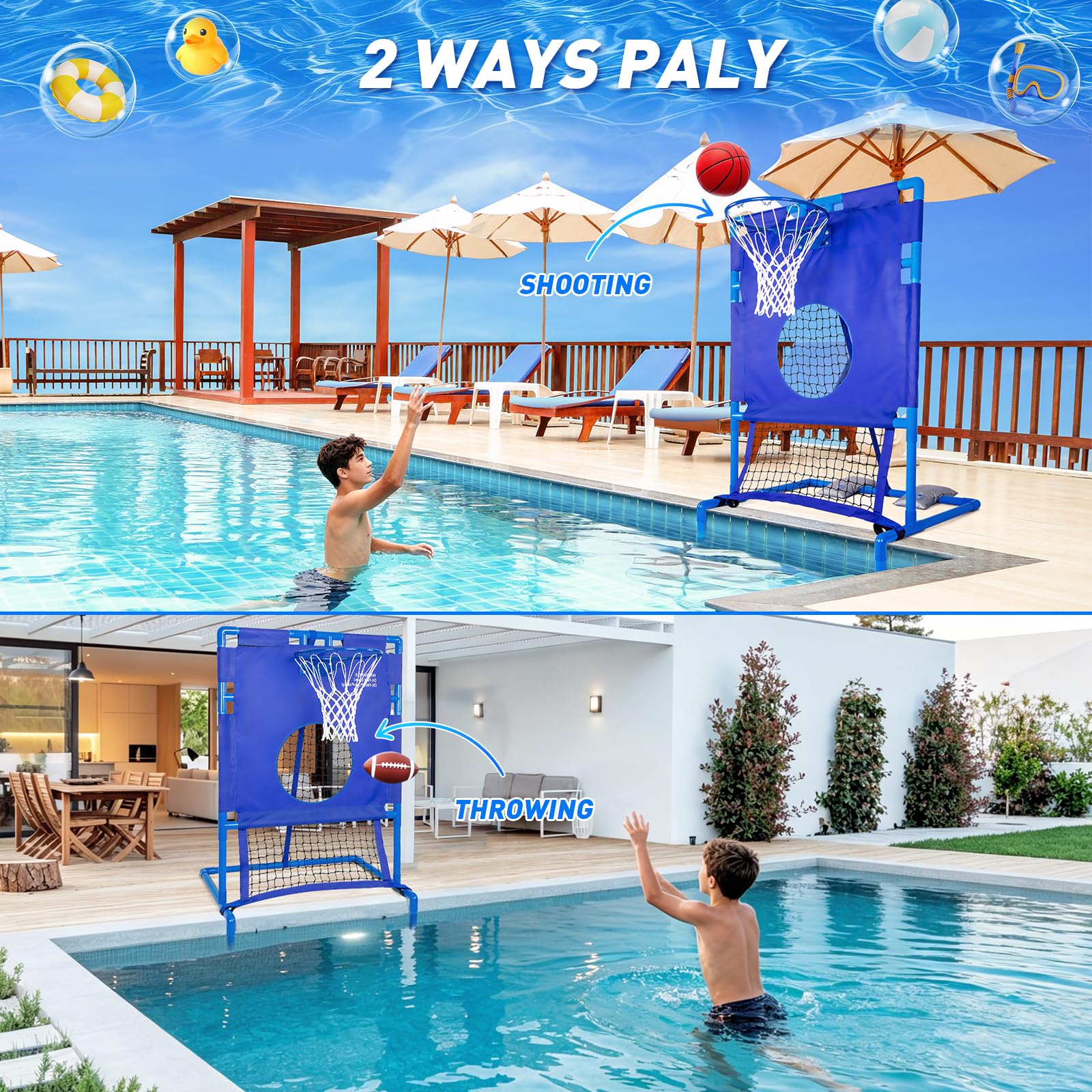 Pool Basketballkorb & Fußball Zielnetz 2 in 1 Set, für verschiedene lustige Spiele, 6 Bälle enthalten, beruhigen Sie Ihre Sommerparty