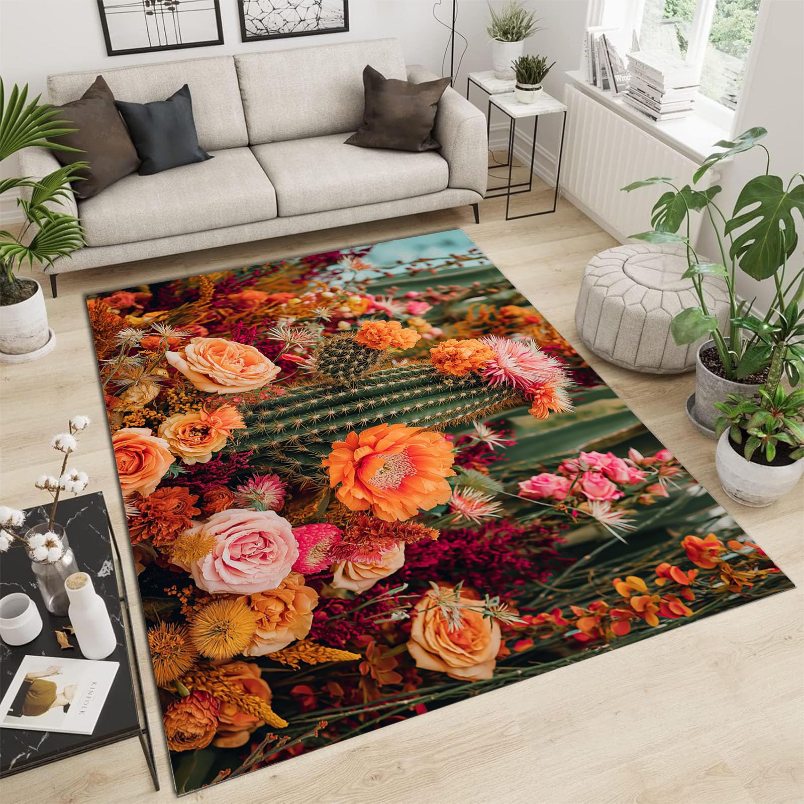 Grand tapis motif cactus 180x270 cm orange imprimé marguerite antidérapant pour grand salon