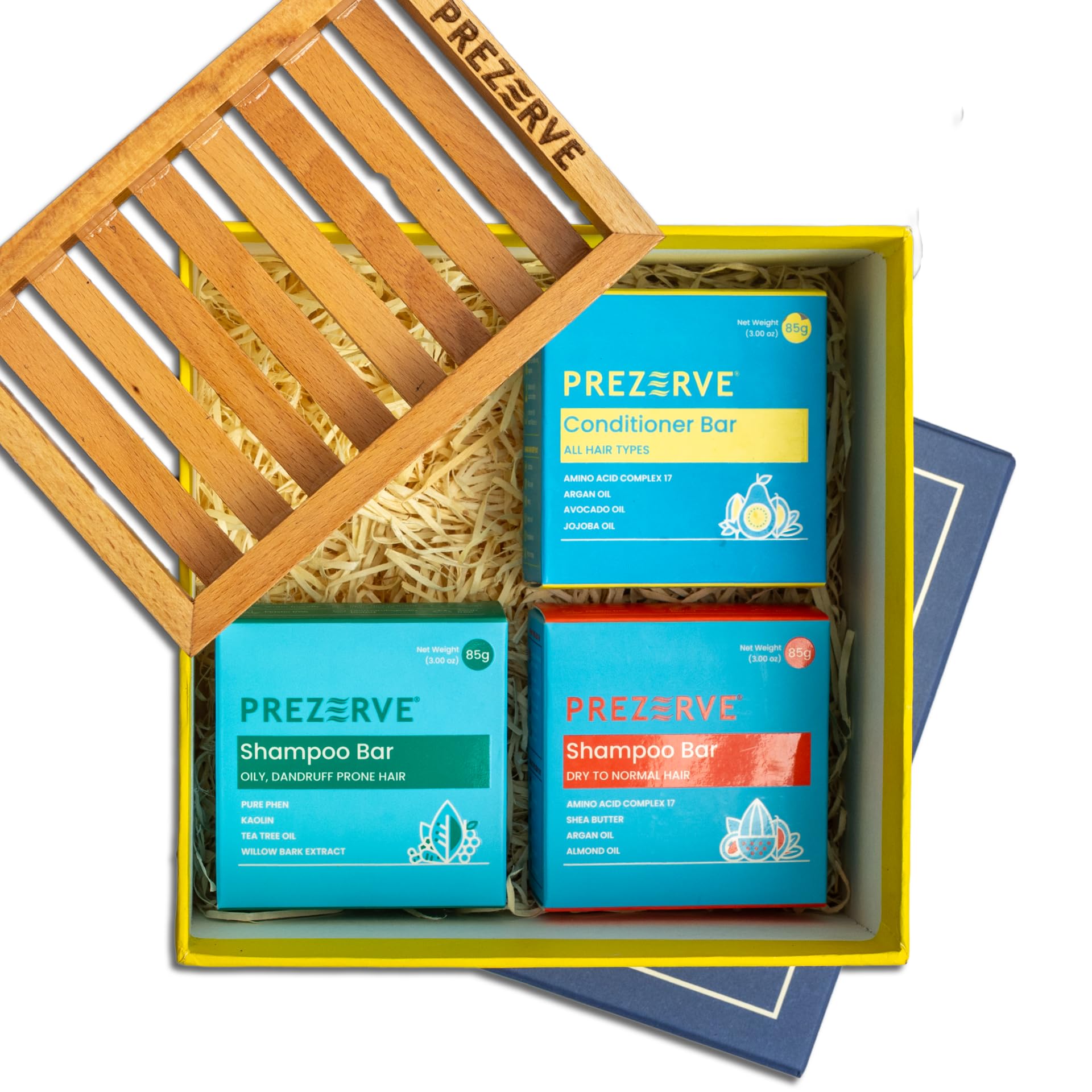 Prezerve Hair Care Combo | Shampoo Bar & Conditioner Bar Combo with Storage Dish | Anti Dandruf | For Healthy Hair | Soap Free | Unisex 21.25 g (Pack of 4) Coral Pink, Light Green, Pineapple Yellow