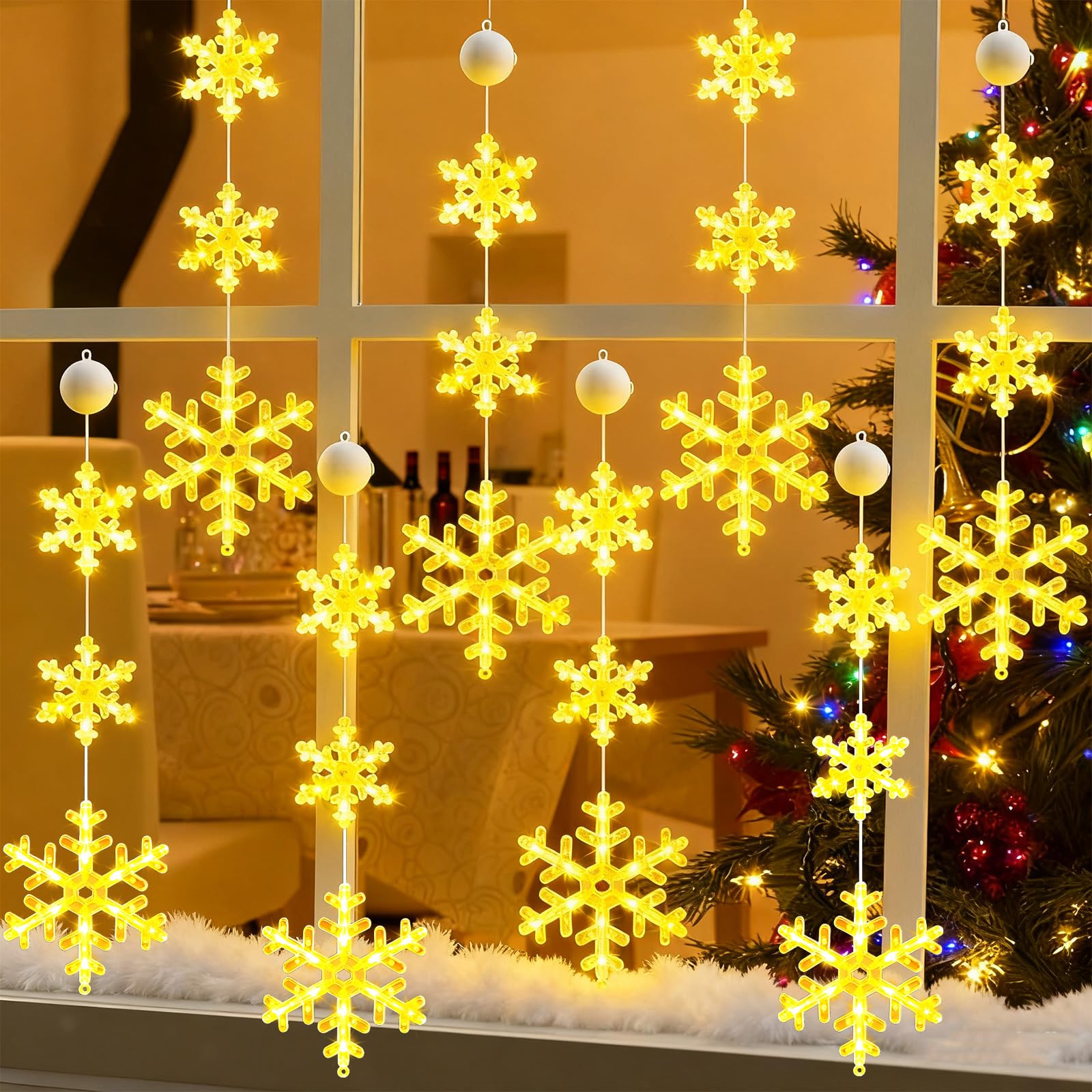 Tujoe 8 Stück Timer Weihnachten Fenster Lichter Dekorationen Schneeflocke Weihnachten Hängeleuchten mit Saugnapf, 2 Modi, batteriebetrieben für Weihnachten, Urlaub, Neujahr, Außen- und Innendekoration