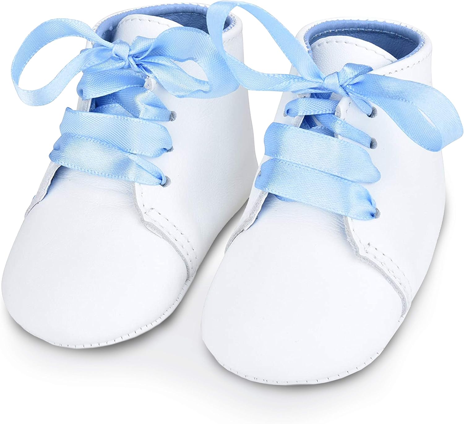 BabyShoe Personalized Baby Boy Christening Shoes – Baptism Leather Lace Up with Hand Embossed Name & Date – Special Occasion Newborn Church Shoes with Blue Ribbon