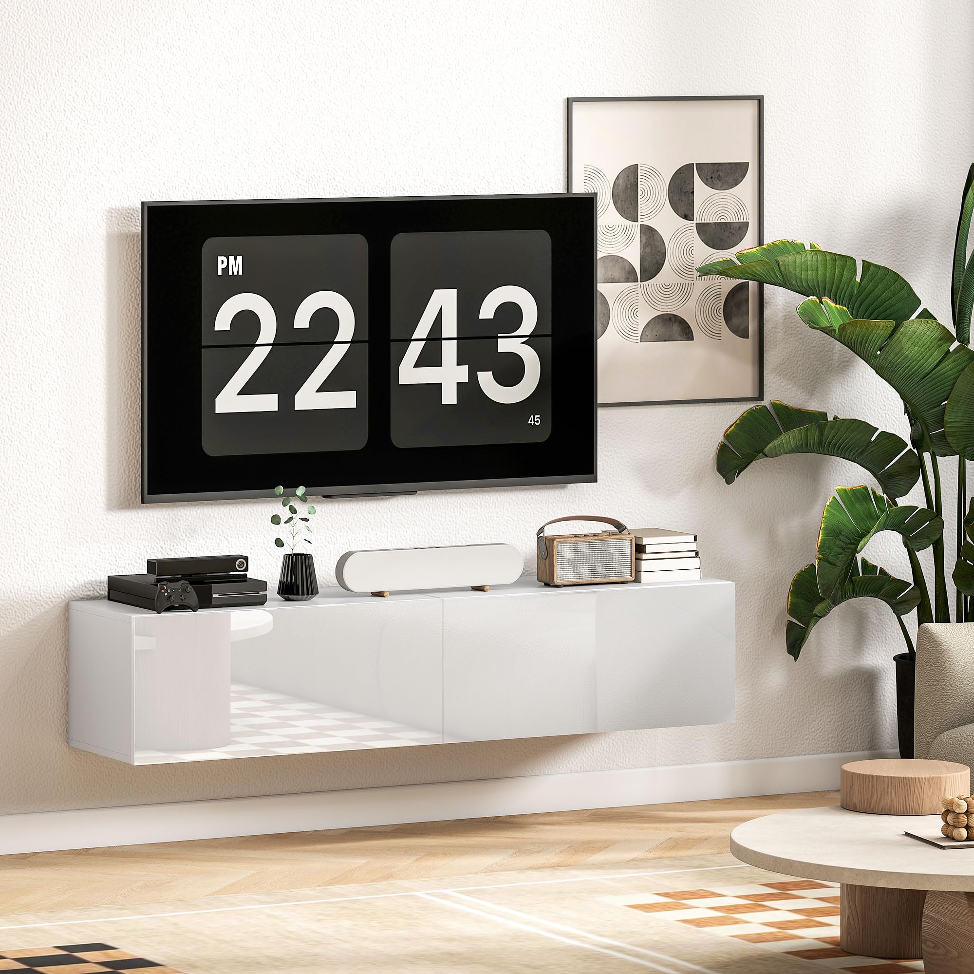 HOMCOM Mobile TV Sospeso per Televisori 45"-55"-65" Mobile Porta TV con 2 Armadietti con Ante a Ribalta per Salotto, Soggiorno e Camera da Letto 140x33x29.8 cm Bianco Lucido