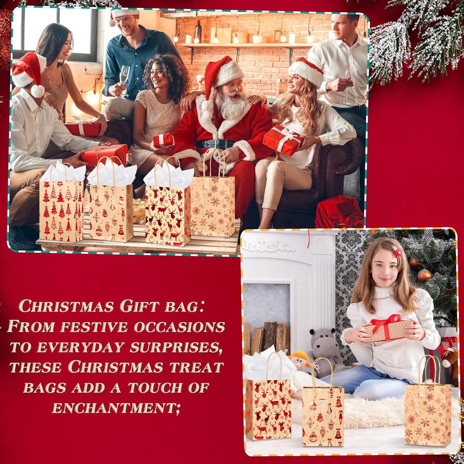 Silkfly 50 Pack Small Christmas Gift Bags Bulk with 50 Tissue Paper, Kraft Paper Metallic Candy Goodie Bags Winter Snowflake Party Favors Bag for Xmas Holiday Birthday Party Supplies(Brown Red)