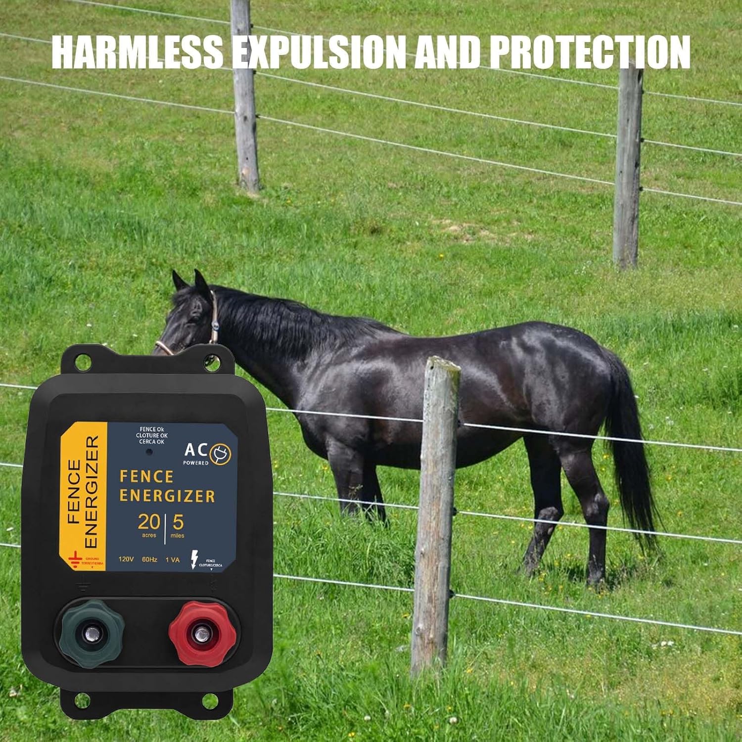 Electric Fence Energizer,PE5 Electric Fence Charger for Livestock Containing Pets and Animal Control-5 Miles/ 20 Acres AC Powered 120 Volt (with Aluminum Wire) 0.20 Joule