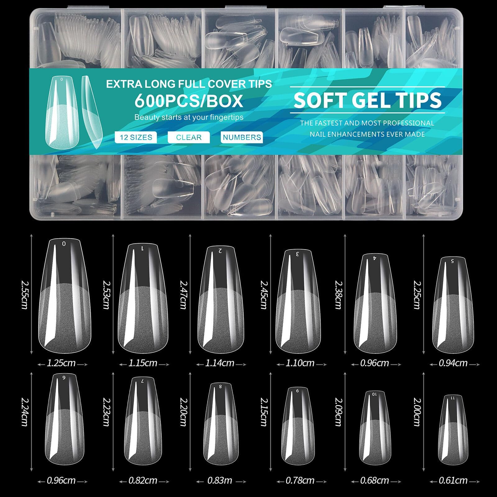 Medium Coffin Nail Tips, 600Pcs Half Matte Soft Gel Nail Tips, 12 Sizes Acrylic False Nail Tips, Nail Extension Tips for Beginner and Professional Home Diy