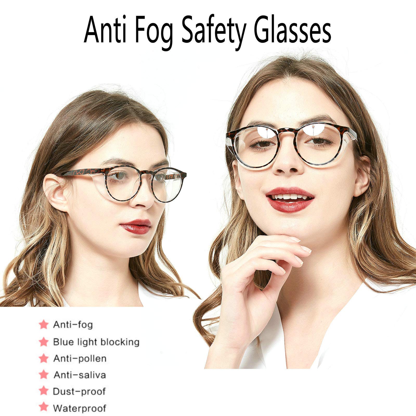 Lot de 2 lunettes de sécurité anti-buée pour femme - Bloque la lumière bleue - Protection des yeux avec protection UV400 (transparent et léopard)