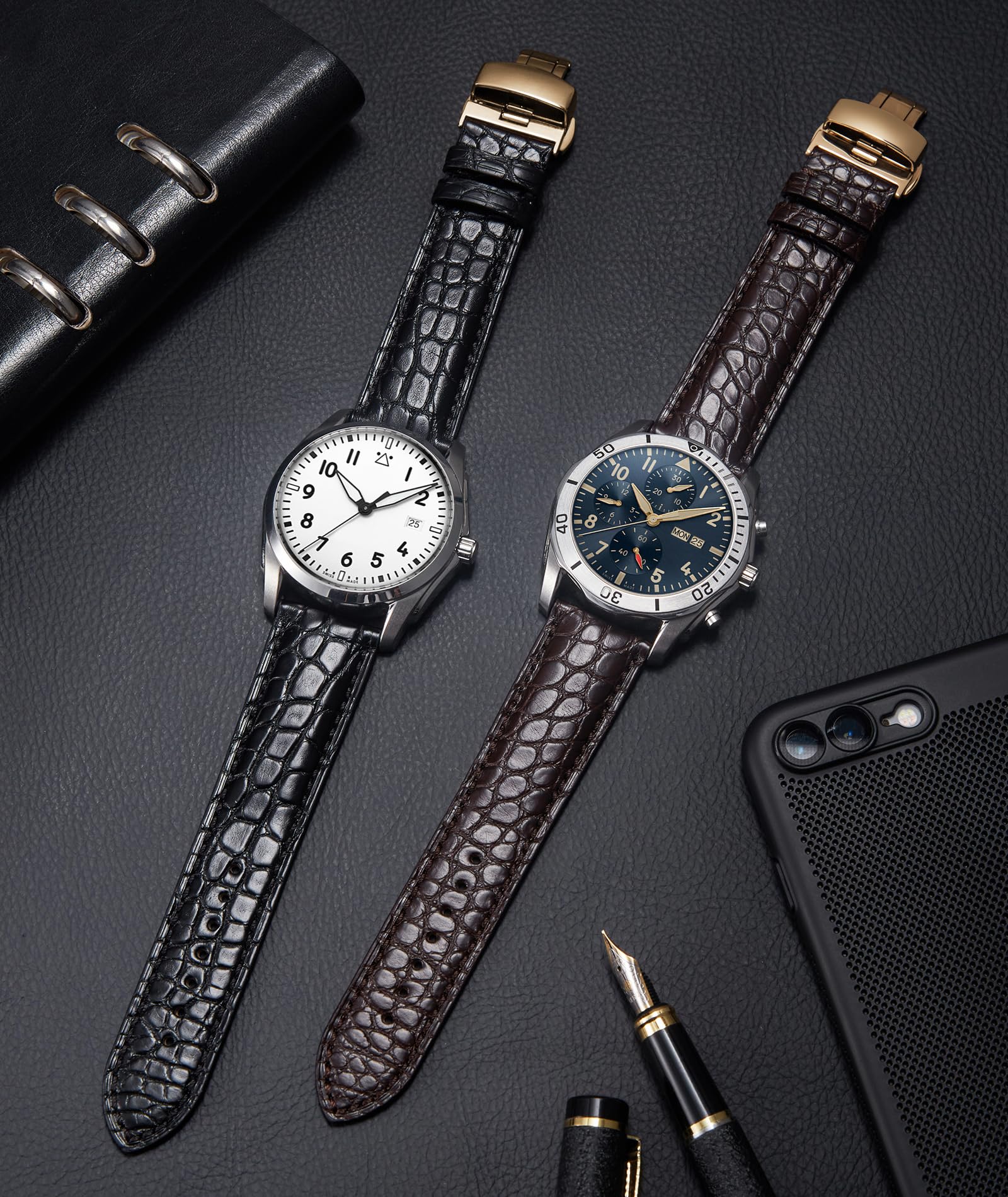 BINLUN Cinturino in Pelle Coccodrillo 18 19 20 21 22mm Cinturini in Alligatore per Uomo Donna Chiusura Deployante Cinturini per Orologi Sgancio Rapido Nero Marrone