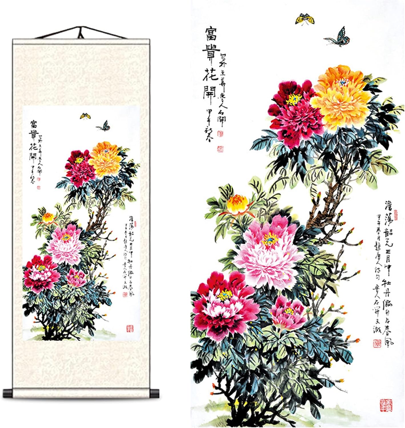 FOVNOT Asian Silk Wall Scroll - Oriental Flowers Plant Decor