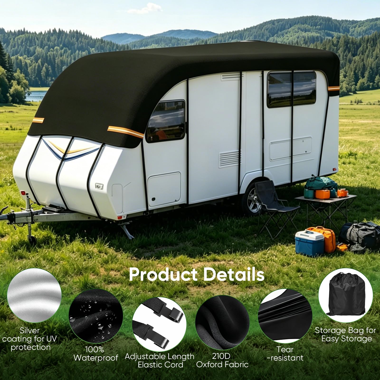 Telo di copertura per roulotte, 7,5 x 3 m, in tessuto Oxford 210D, impermeabile, protezione UV, per camper con 16 cinghie regolabili e strisce riflettenti, per campeggio e attività all'aperto